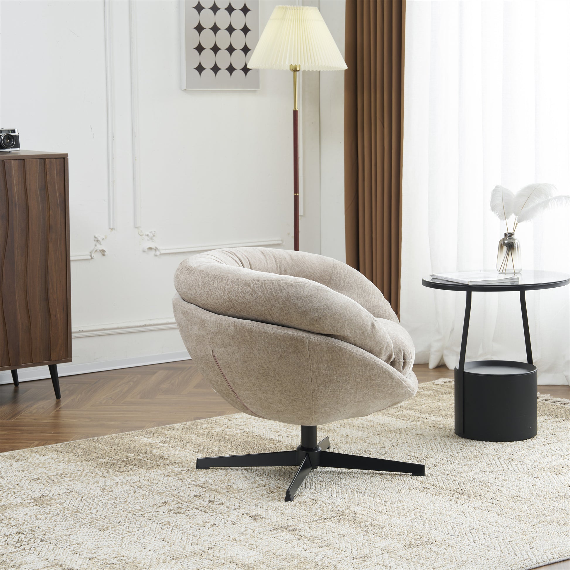 Plush beige swivel accent chair with textured fabric perfect for modern living rooms