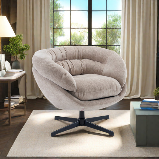 Plush beige swivel accent chair with a textured fabric and rounded design perfect for modern living rooms