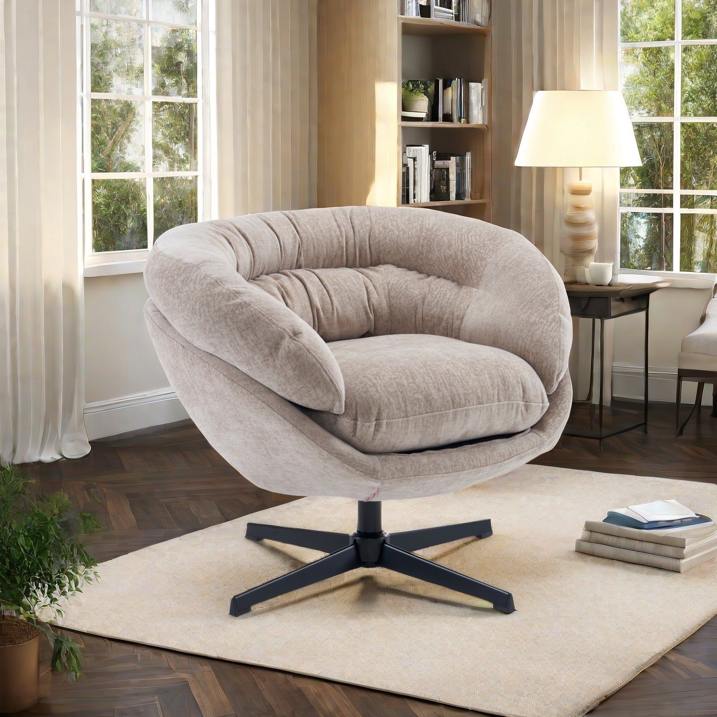 Plush taupe swivel chair with rounded back and padded seat perfect accent for living rooms