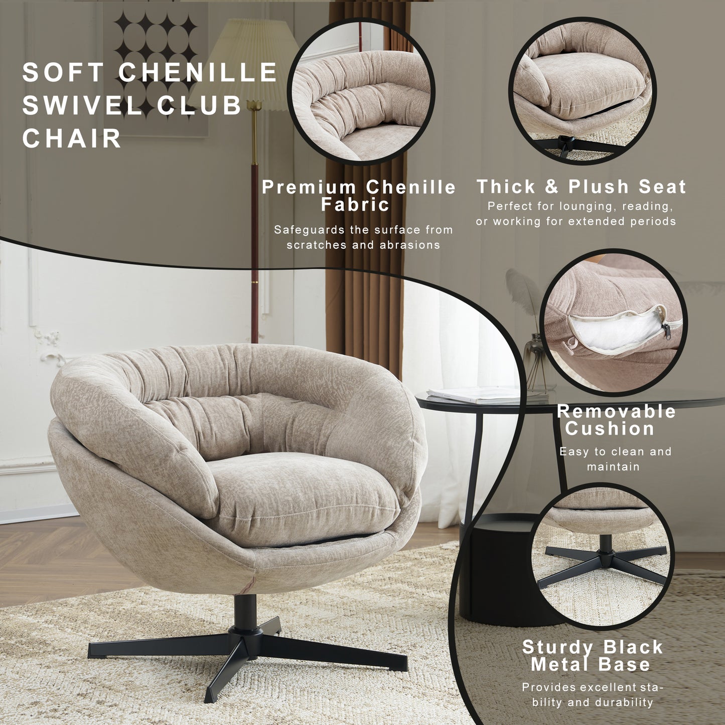 Beige chenille swivel club chair with tufted back and thick plush seat