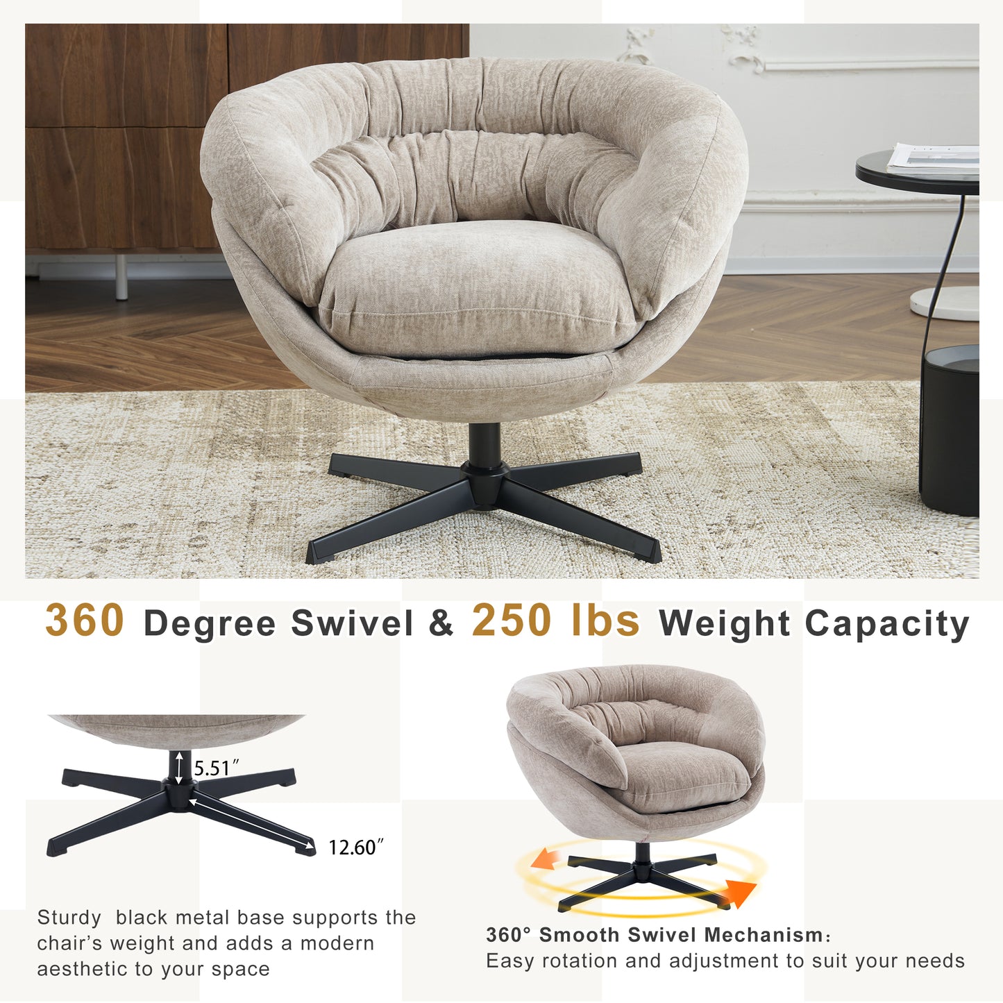 Beige upholstered accent chair with plush tufted back and a sturdy black metal swivel base