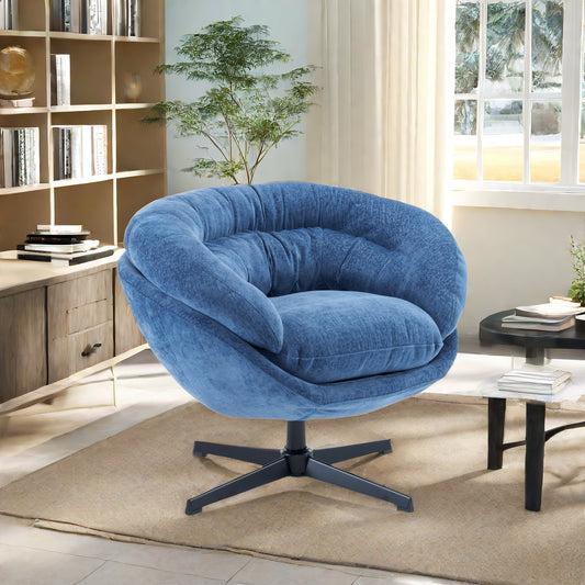 Plush blue swivel accent chair with tufted back and seat
