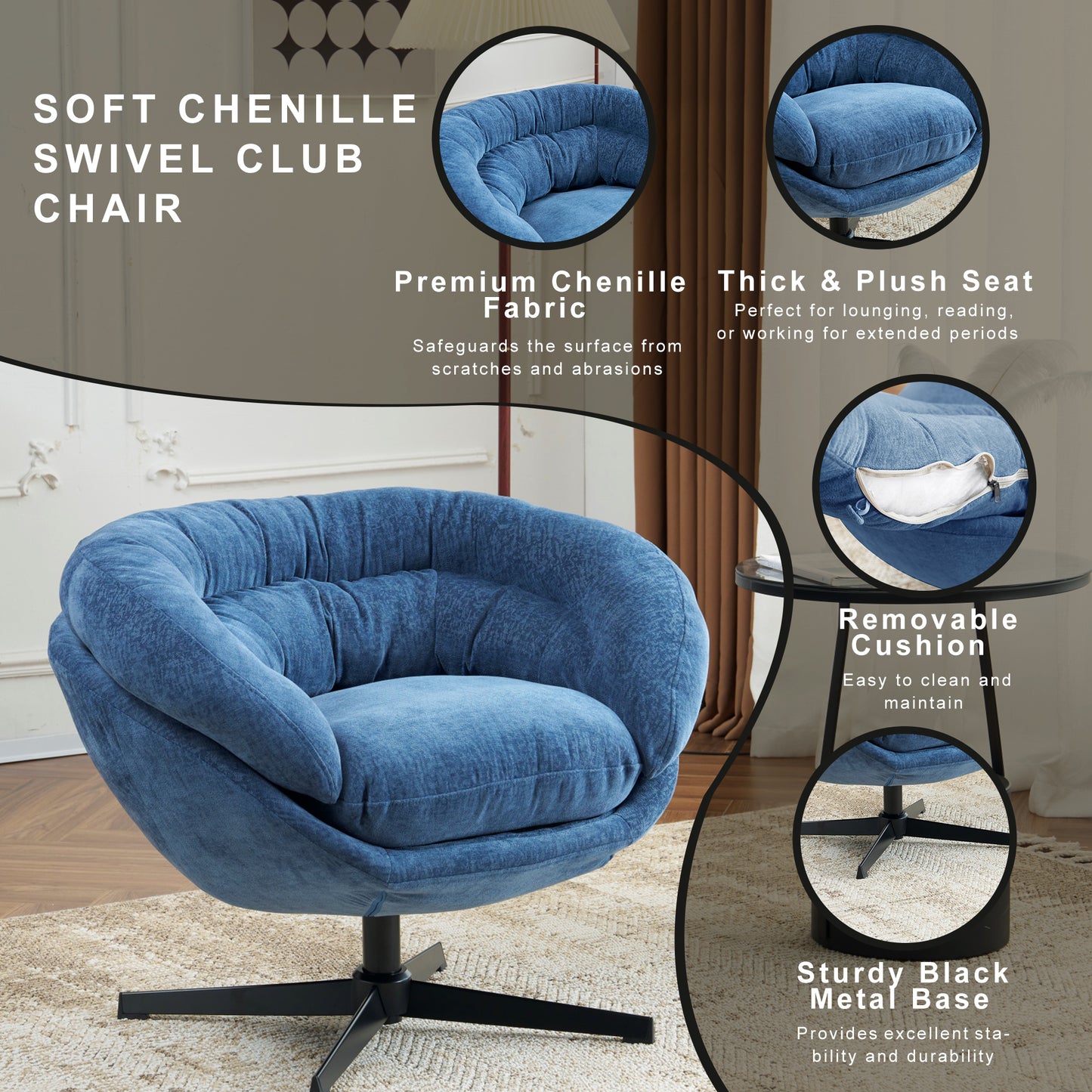 Plush blue chenille fabric on a contemporary swivel club chair with a black metal base
