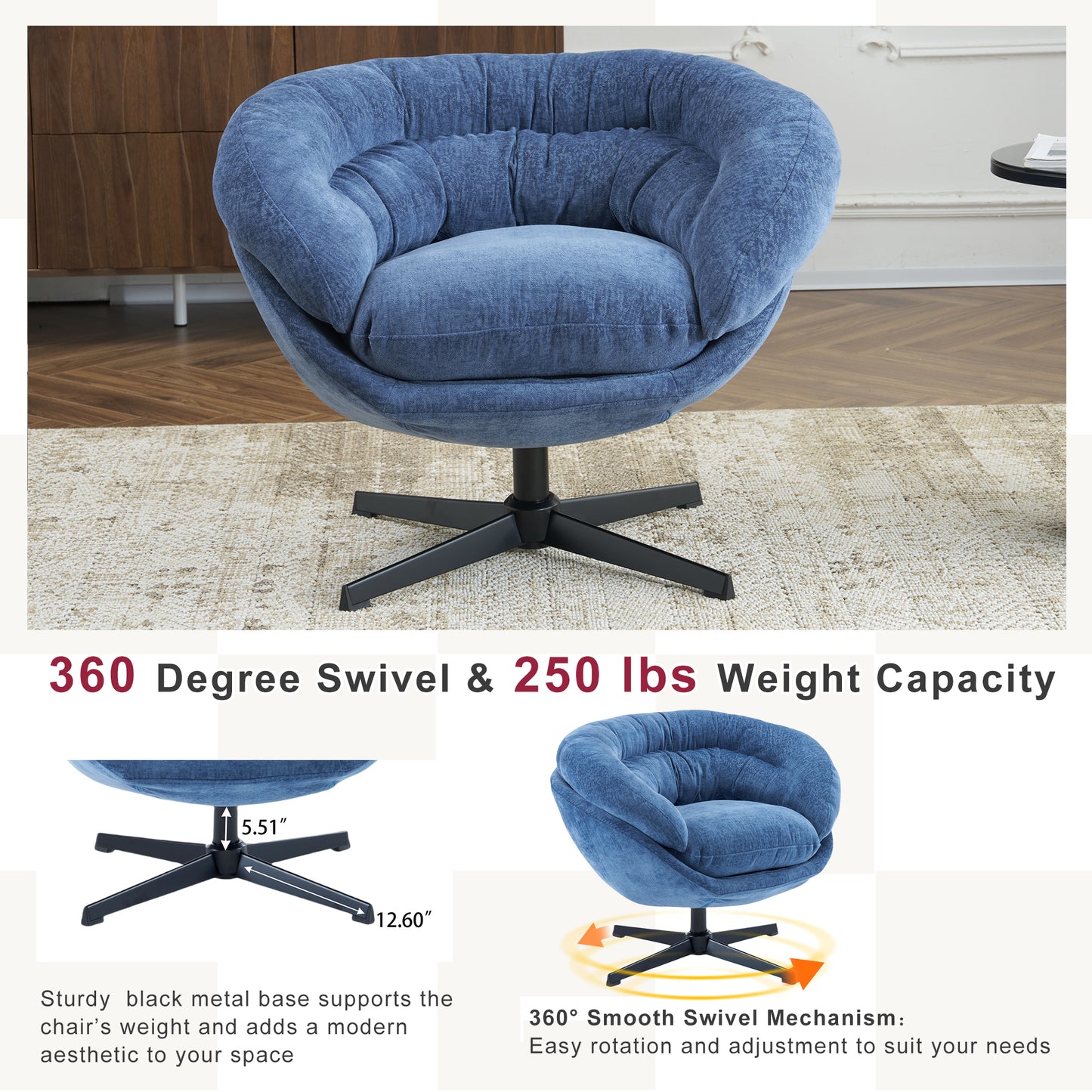 Plush blue swivel chair with textured fabric and a modern black metal base