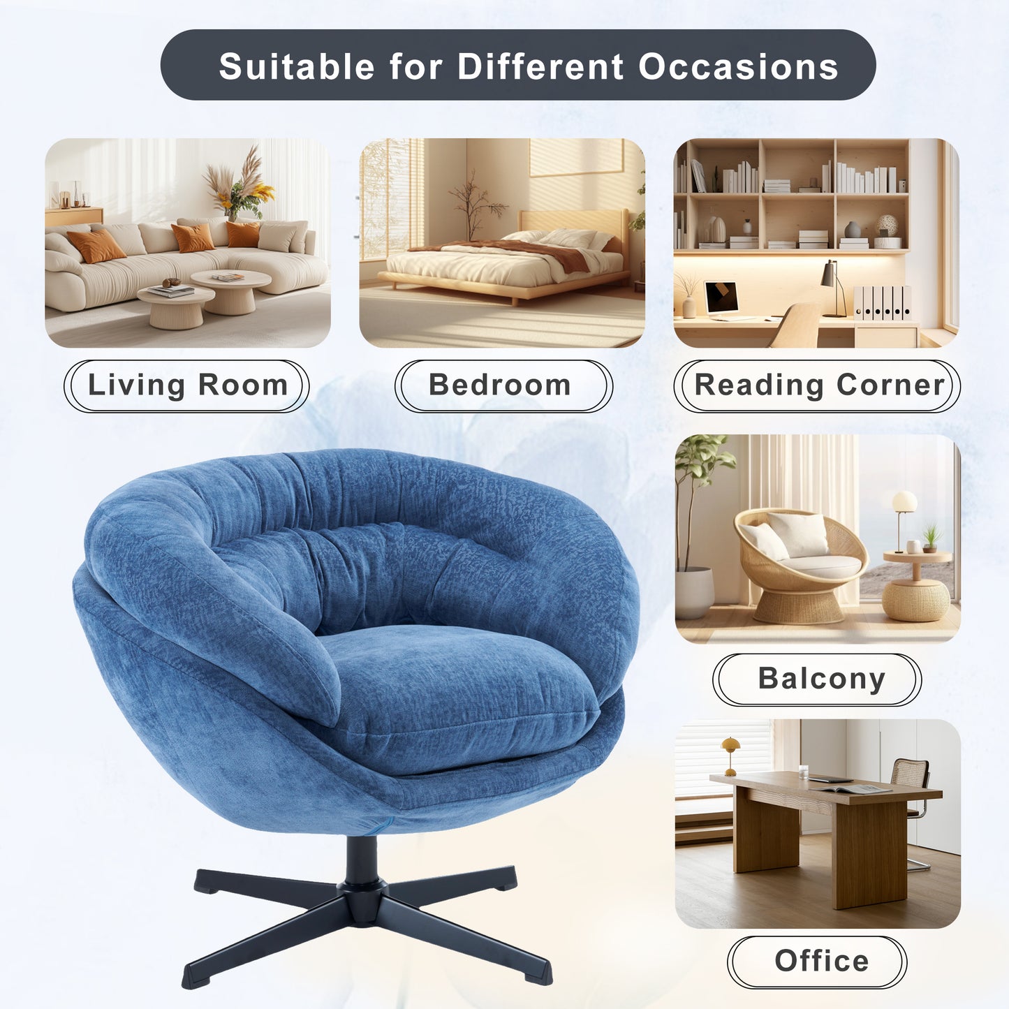 Plush blue swivel chair with black base in a modern living room setting