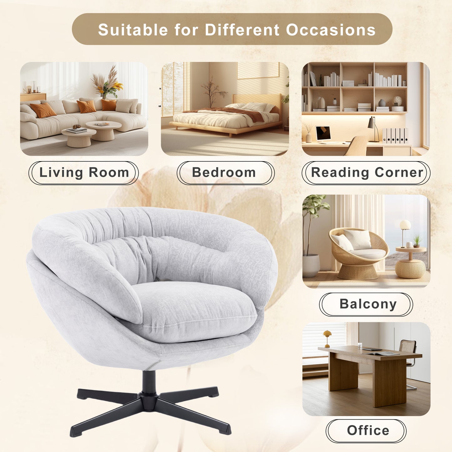 Plush grey swivel chair with a round silhouette and black base