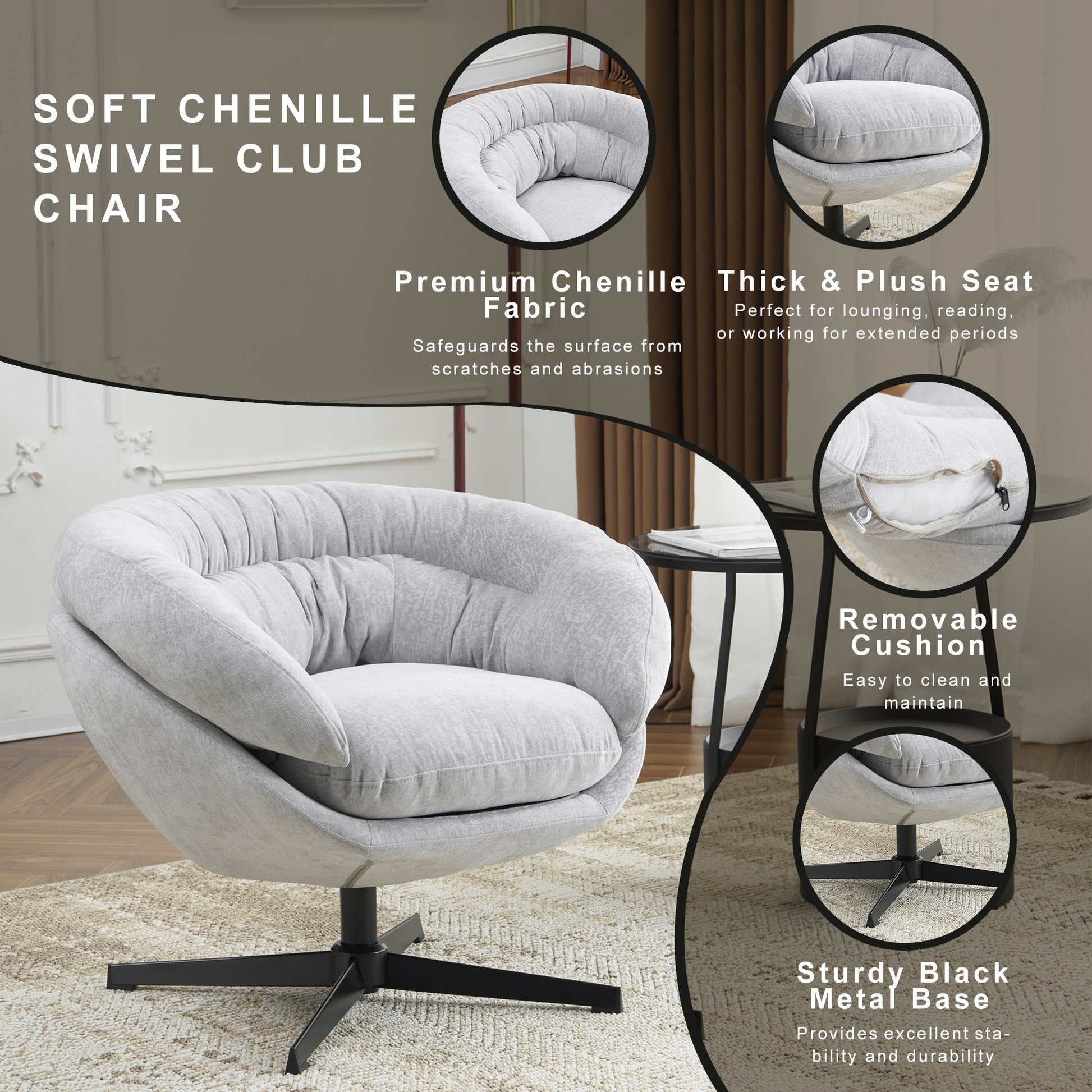 Soft grey chenille swivel club chair with plush seat and removable cushion