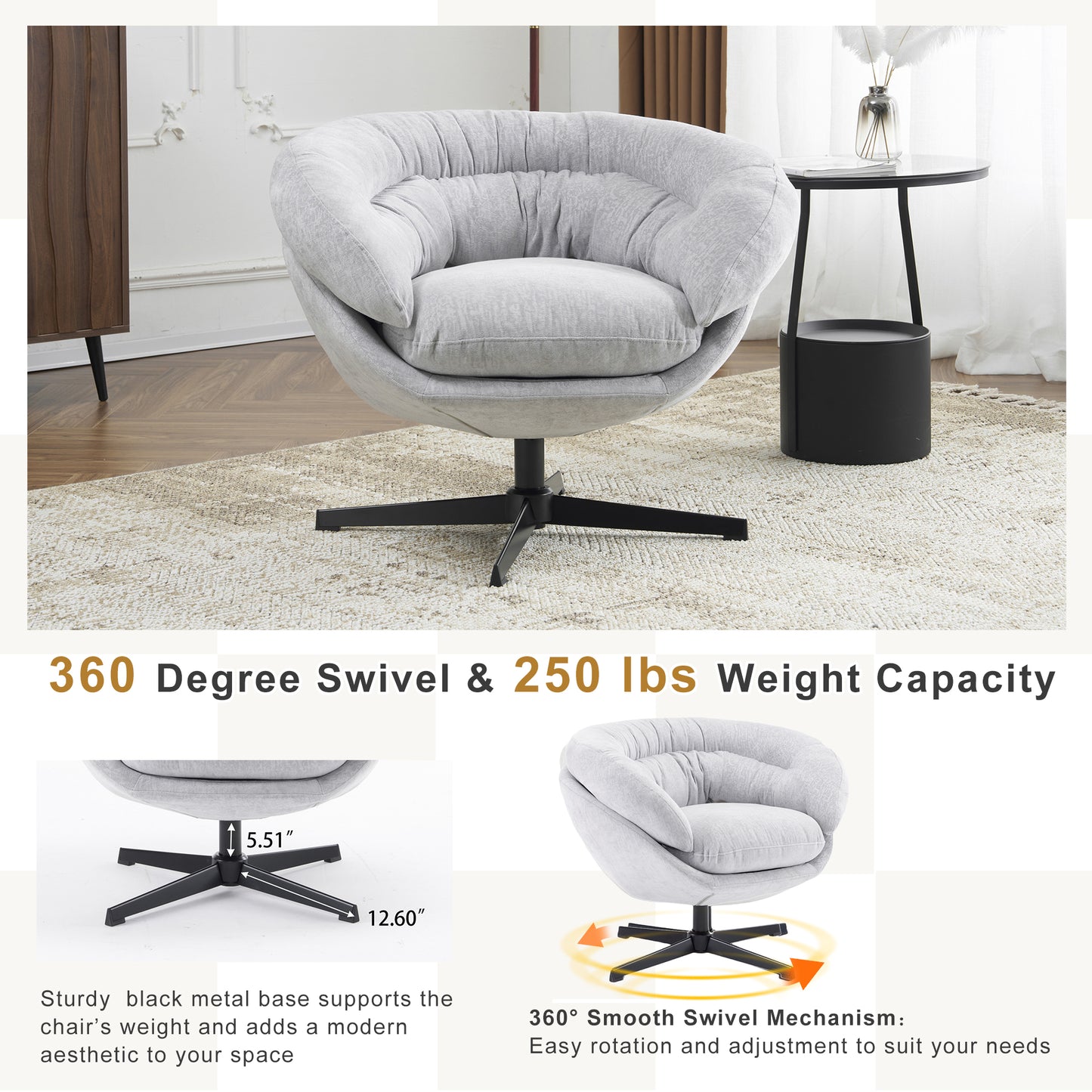 Light grey upholstered swivel chair with tufted back