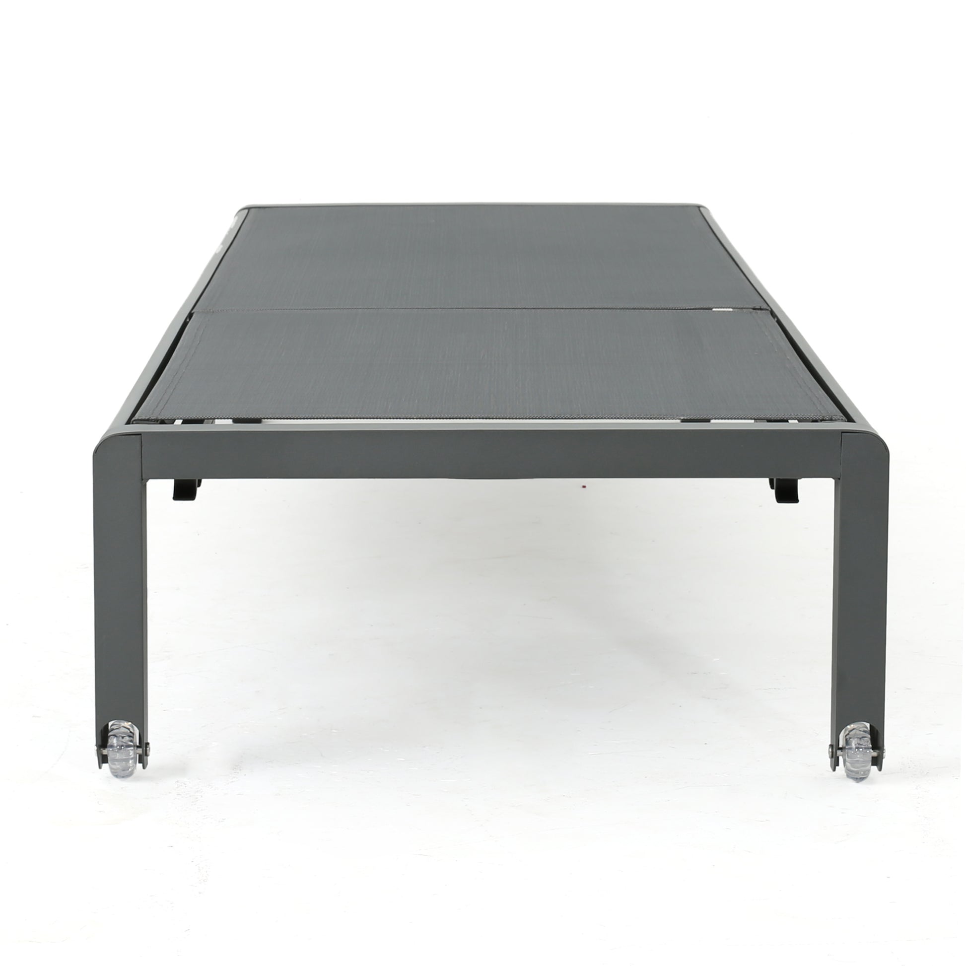 Gray modern outdoor coffee table with dark gray fabric top and rolling casters