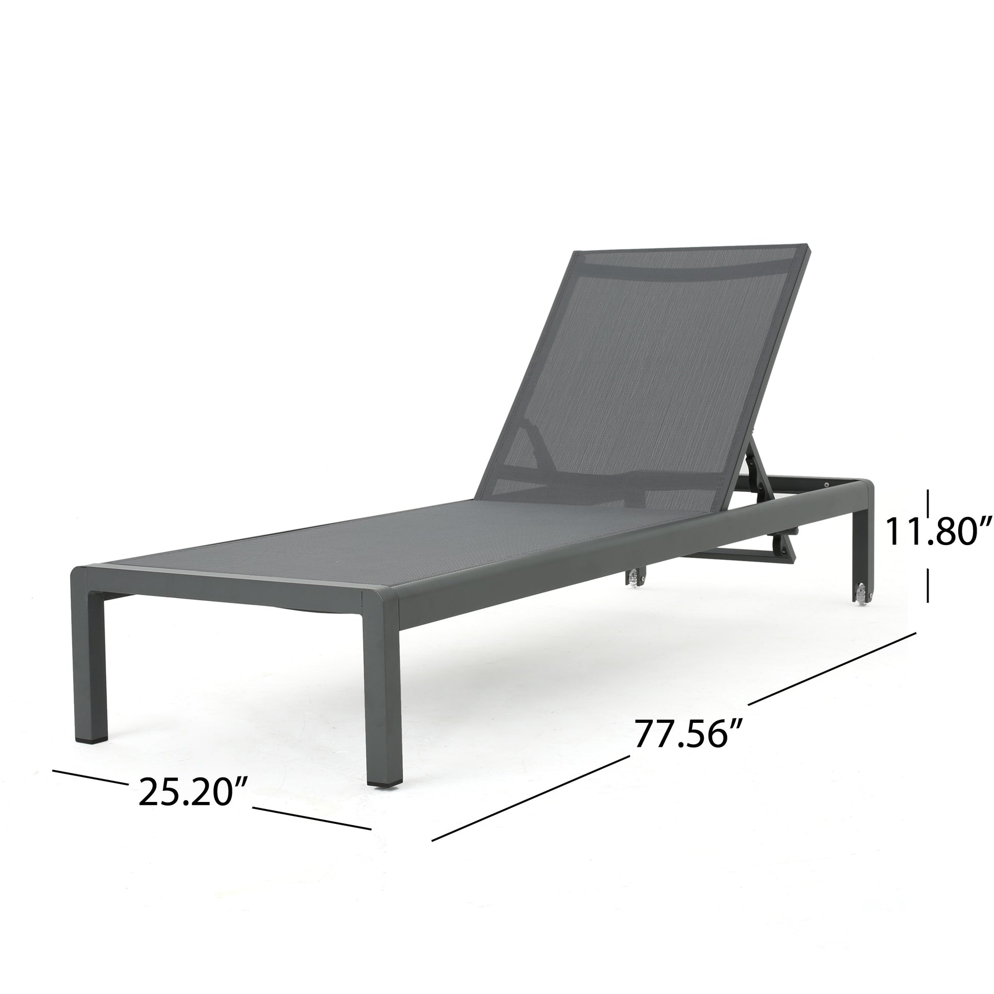 Modern grey aluminum outdoor chaise lounge with adjustable back and wheels