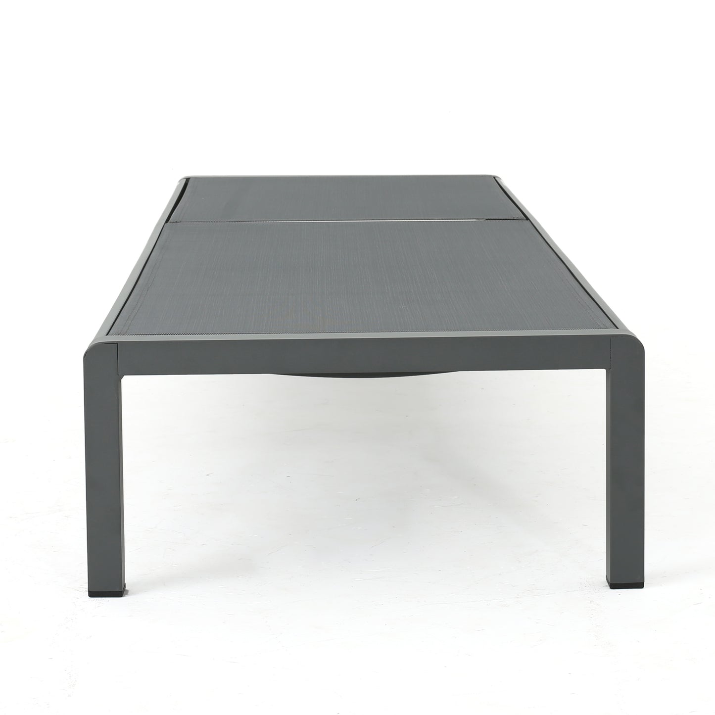 Modern grey outdoor coffee table with sleek aluminum frame and woven fabric top
