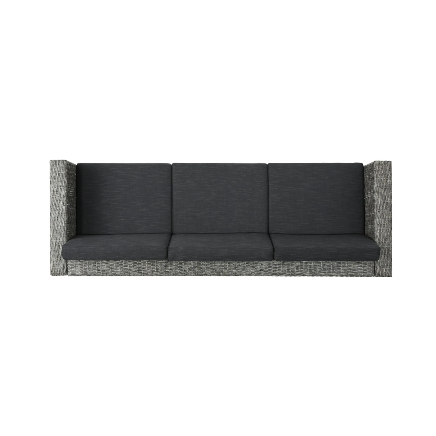Gray wicker patio sofa with three dark gray seat cushions