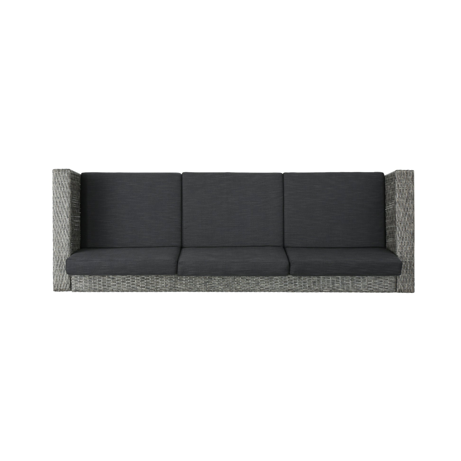 Gray wicker patio sofa with three dark gray seat cushions