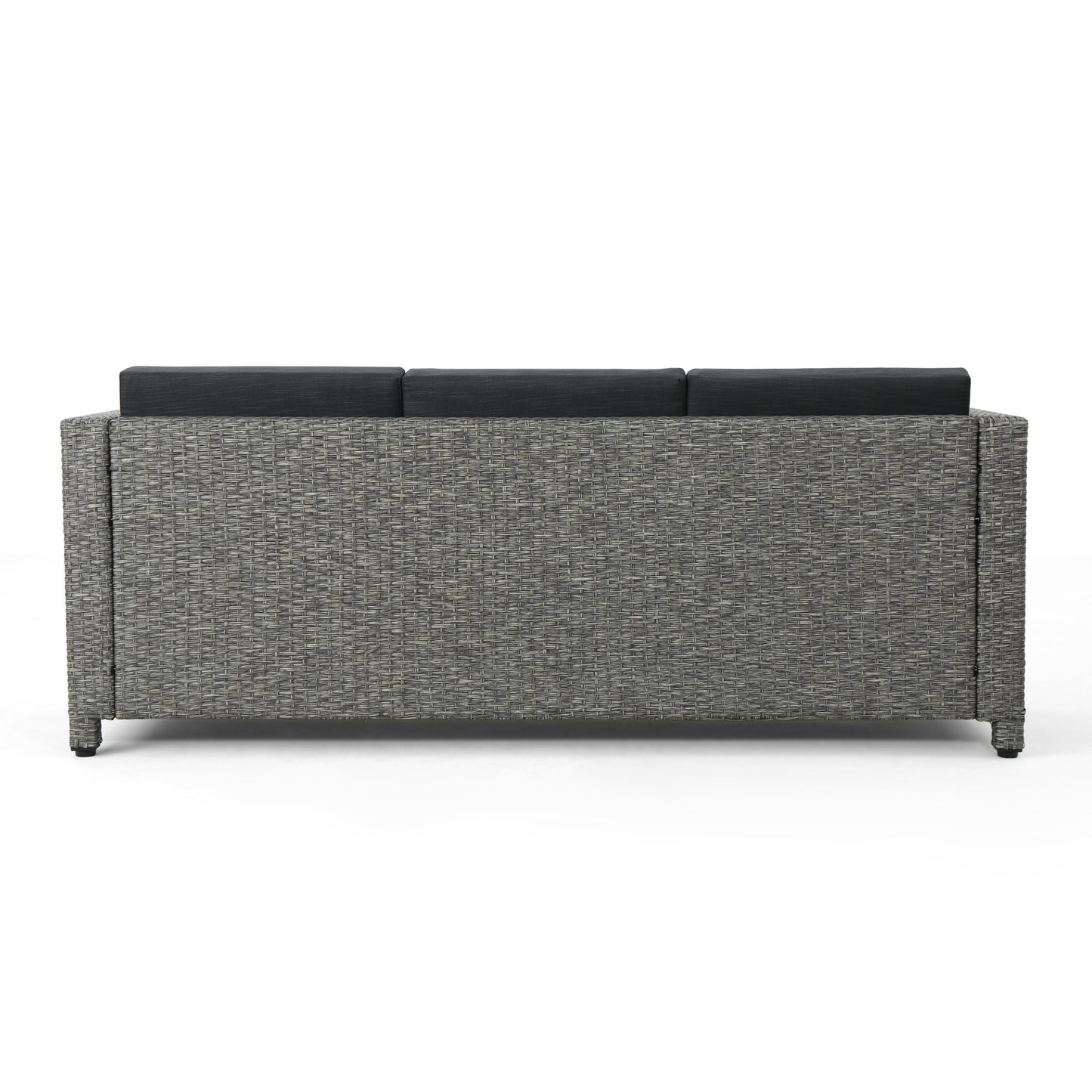 Grey wicker outdoor sofa with charcoal cushions