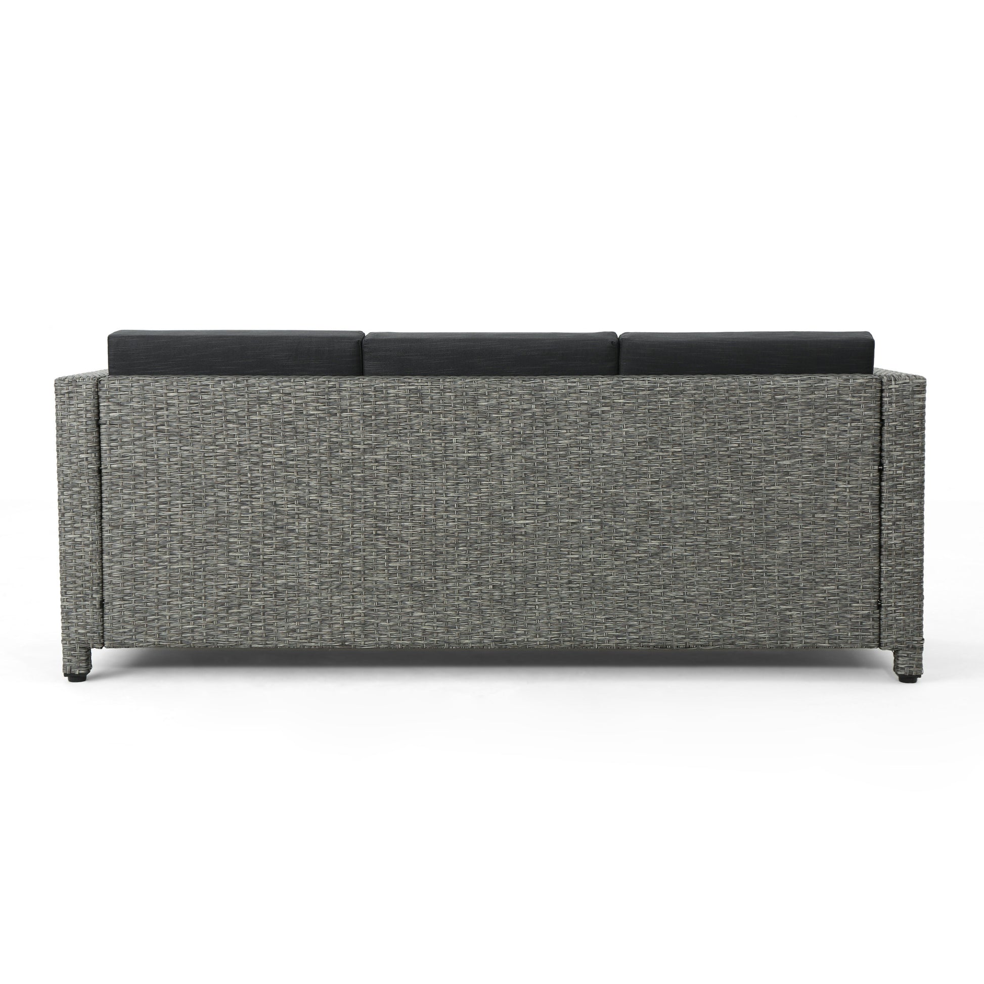 Grey wicker outdoor sofa with charcoal cushions
