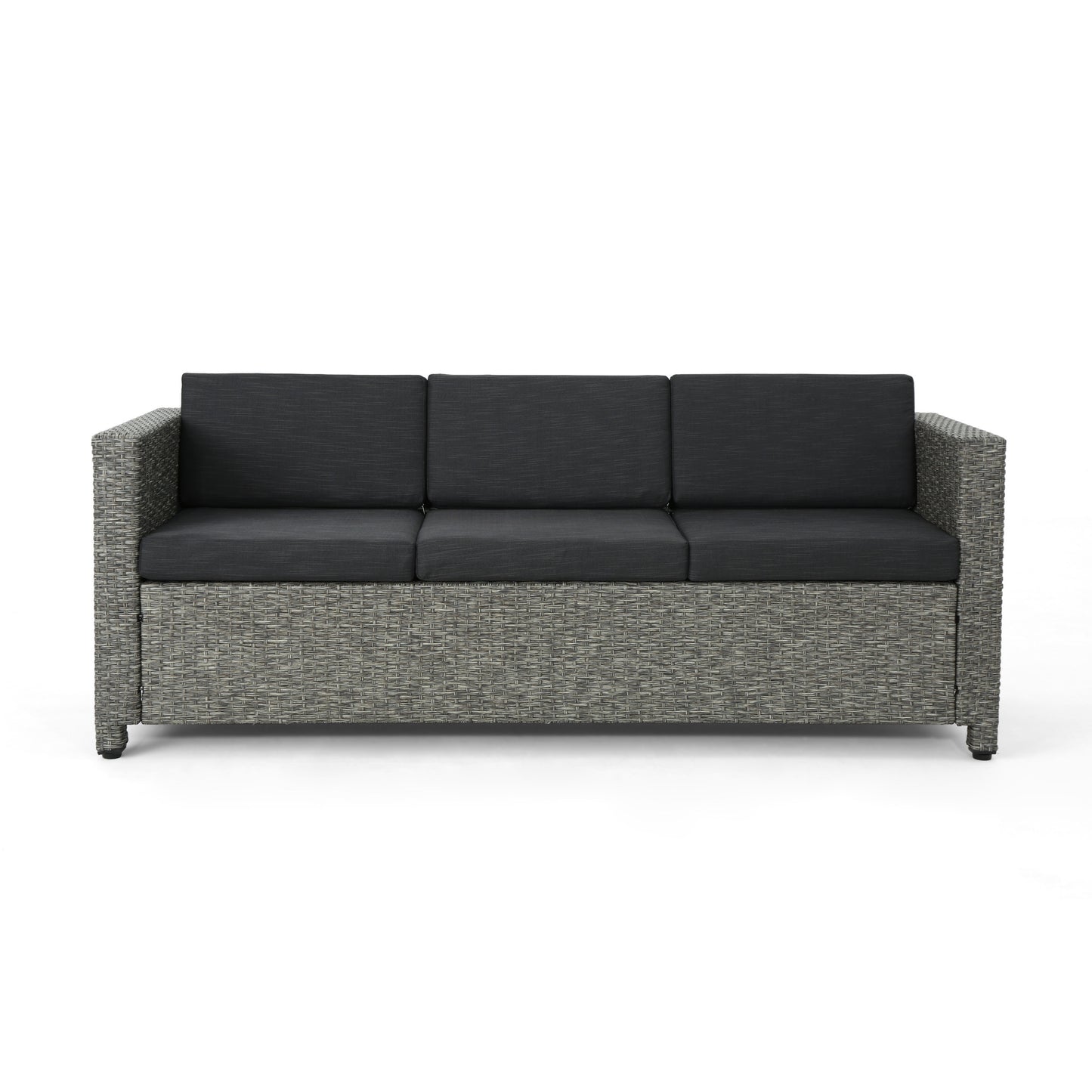 Gray wicker patio sofa with dark gray cushions