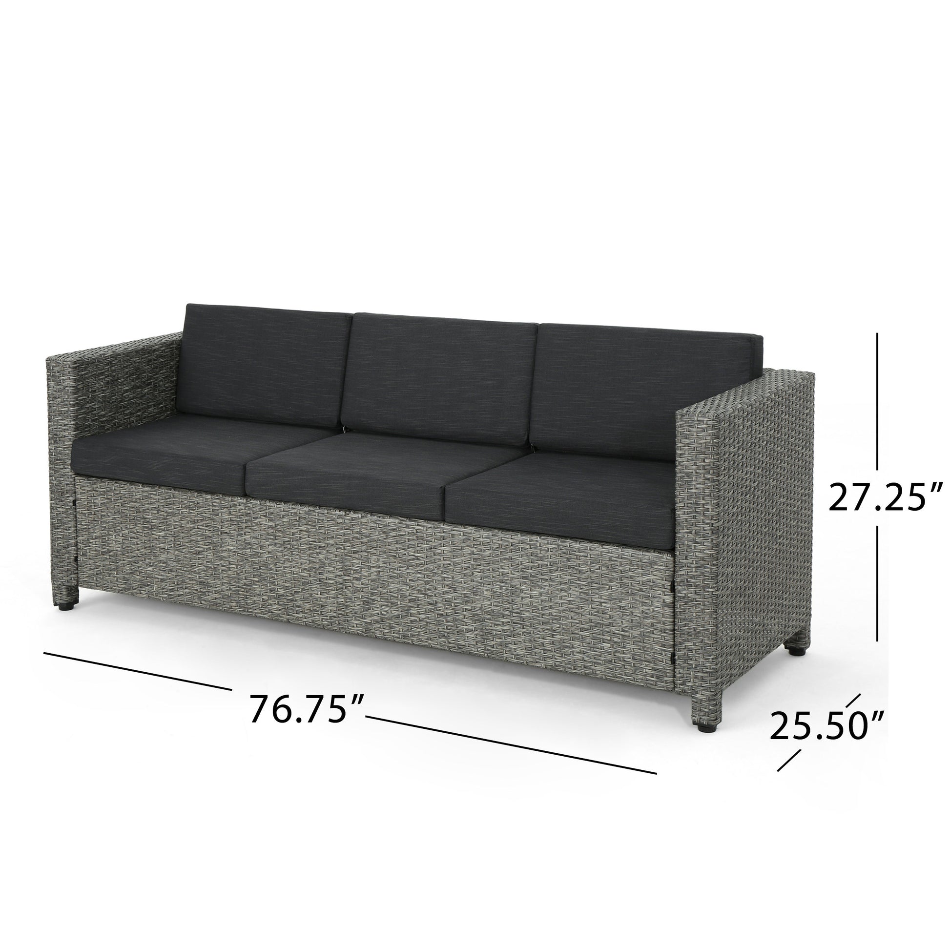 Gray wicker outdoor sofa with dark gray cushions
