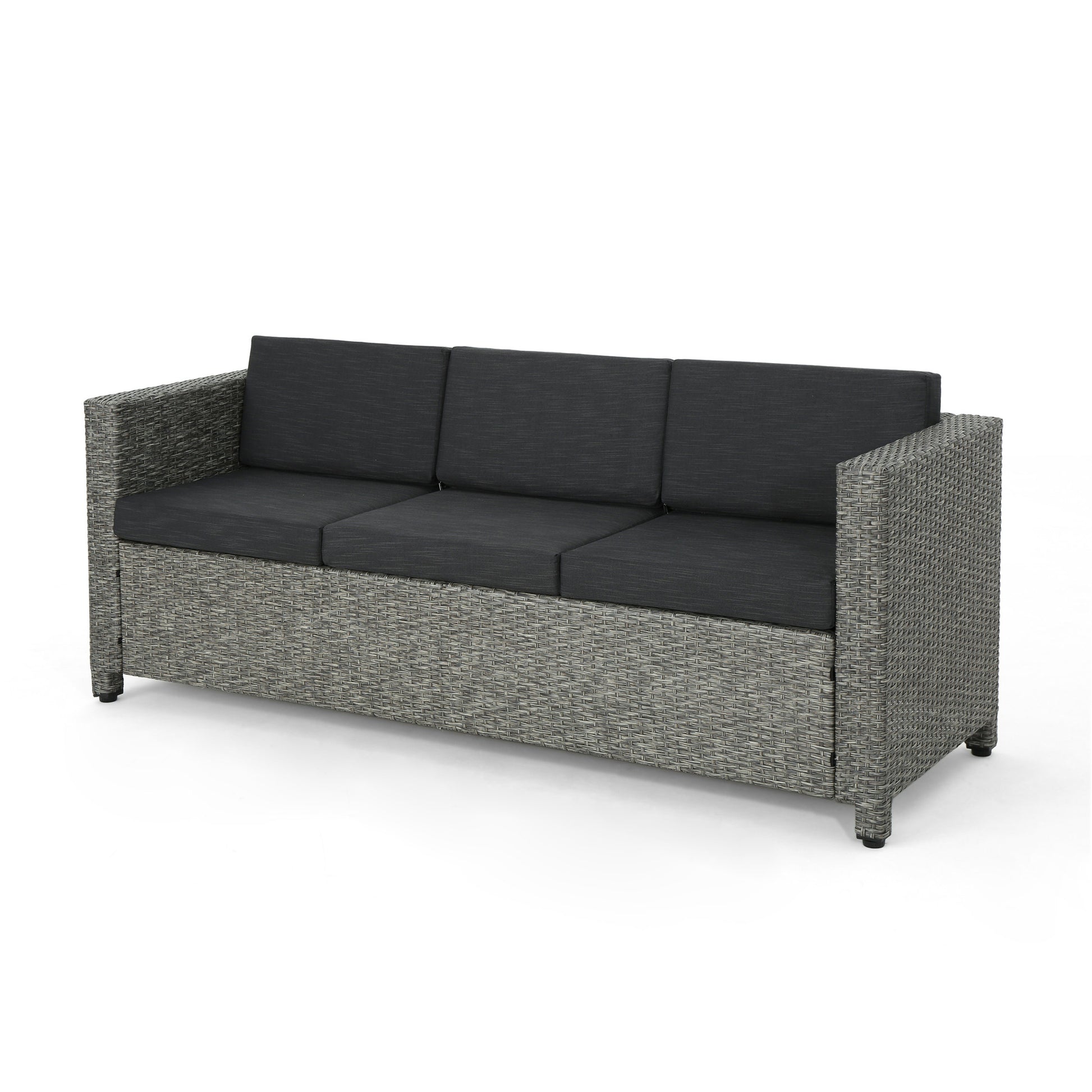 Gray wicker outdoor sofa with charcoal cushions