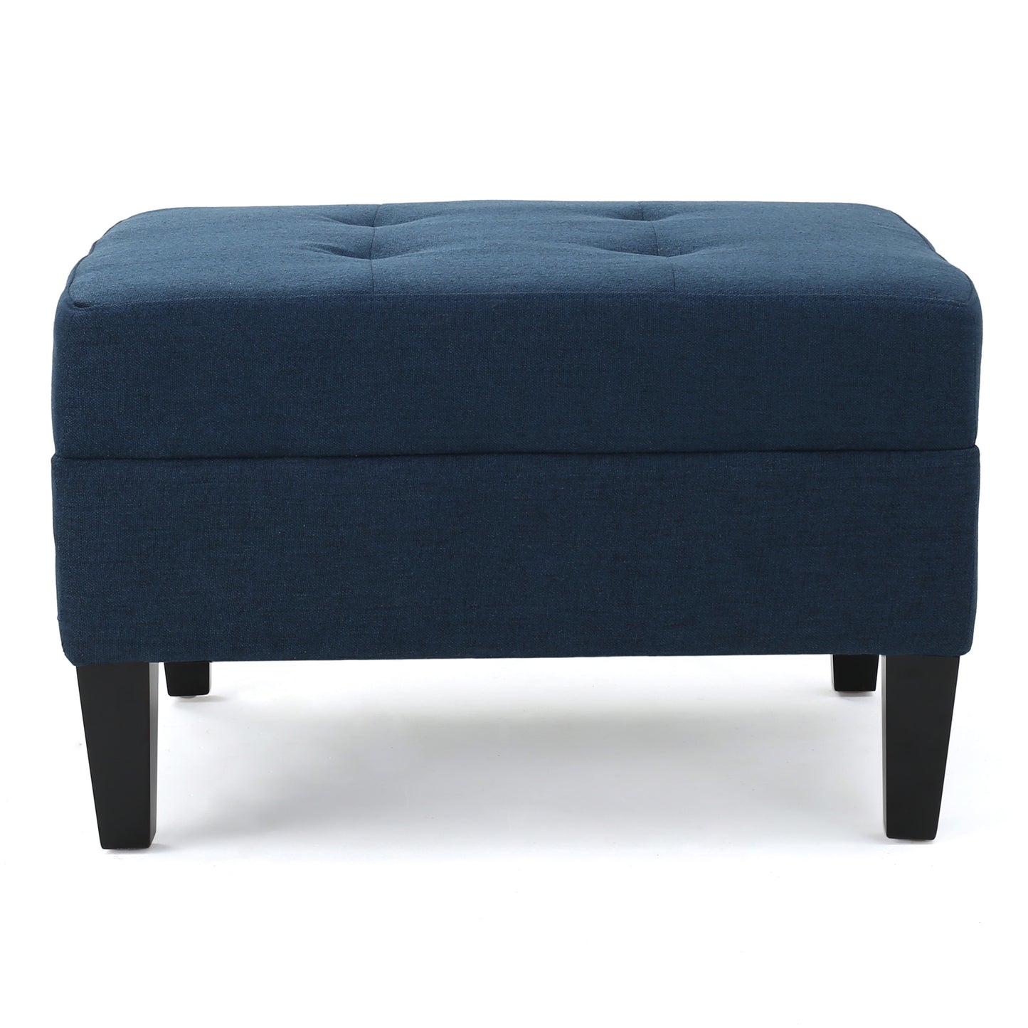 Tufted navy blue fabric ottoman with square wooden legs