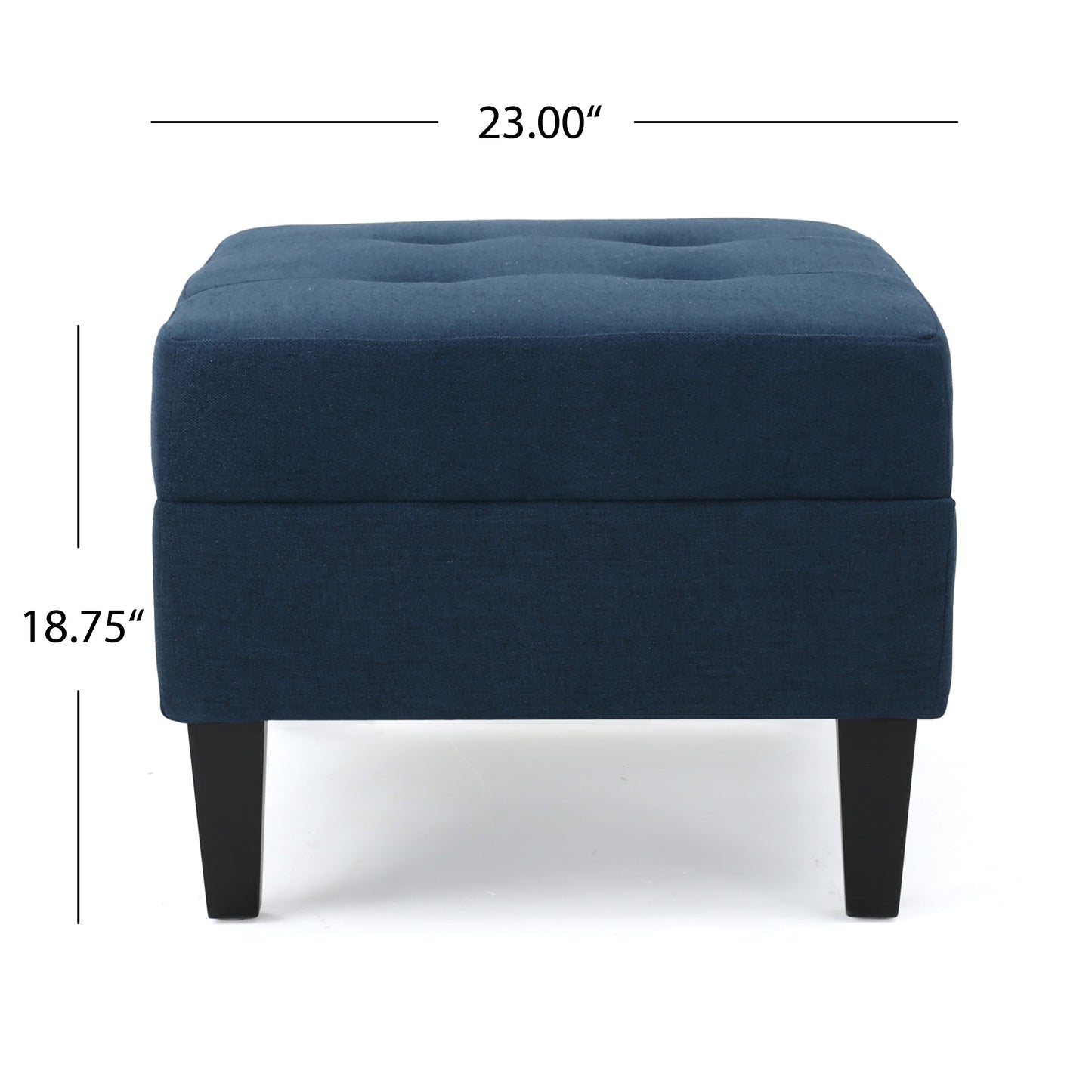 Tufted navy blue linen ottoman with tapered black legs and button details
