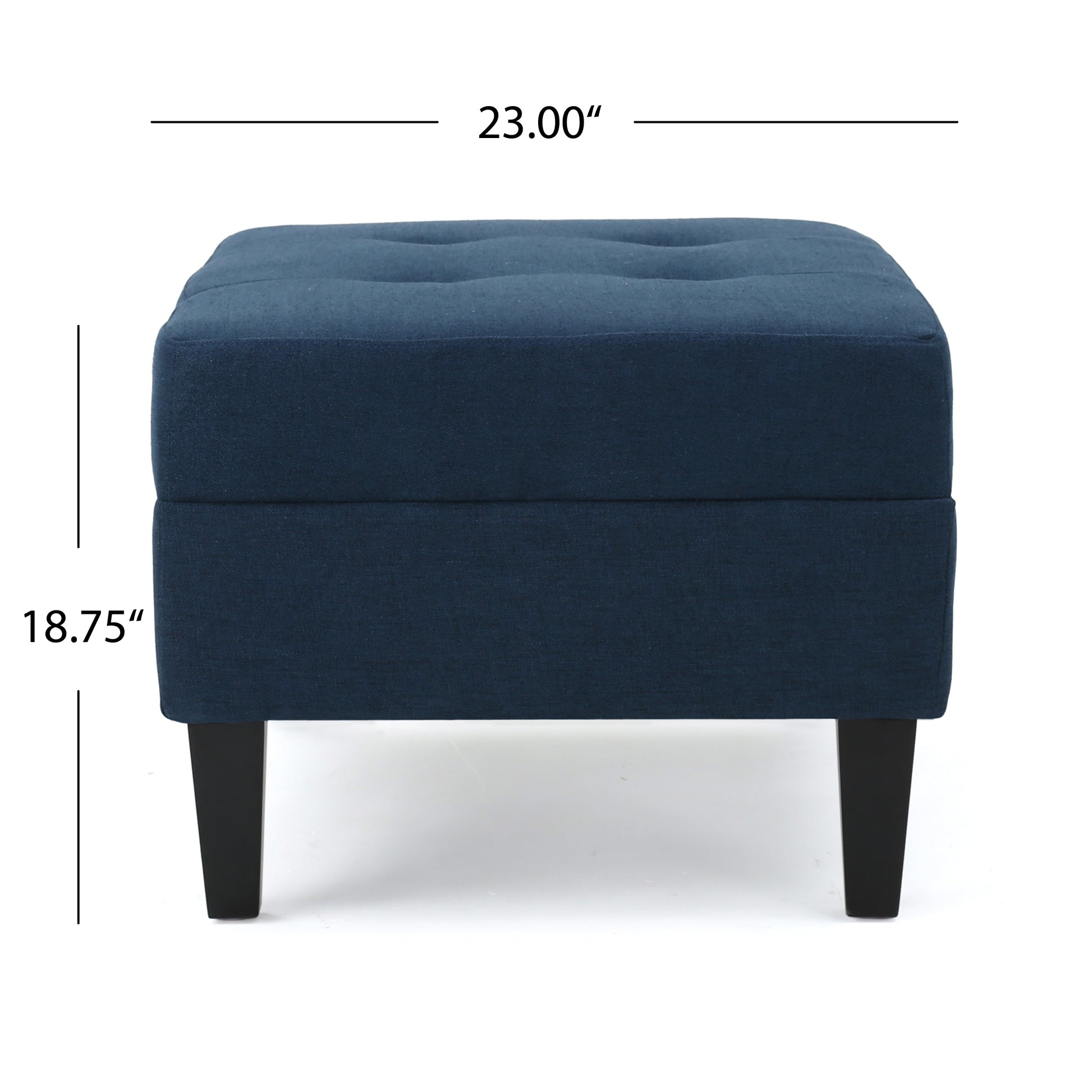 Tufted navy blue linen ottoman with tapered black legs and button details