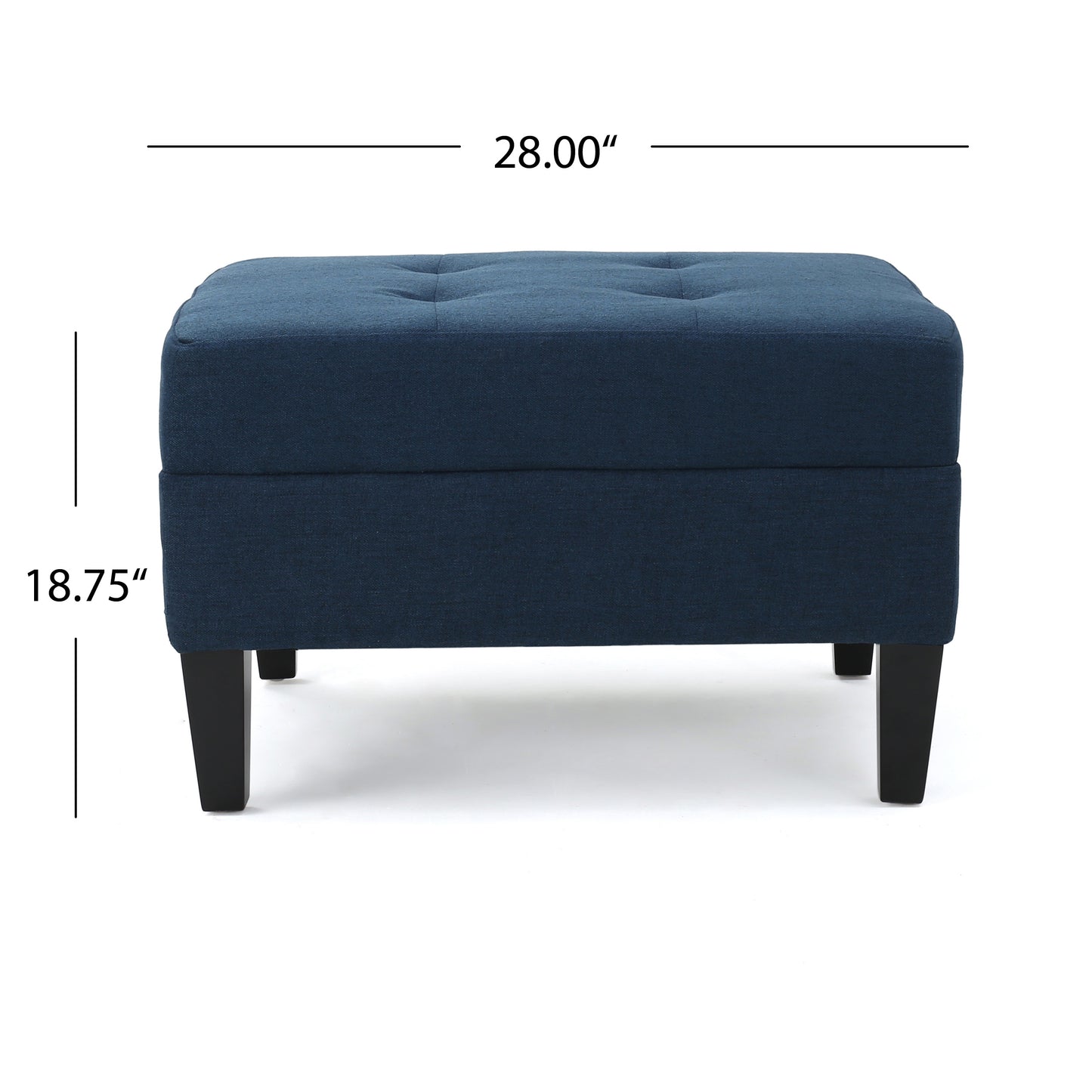 Tufted navy blue linen storage ottoman with dark wooden legs ideal for living rooms