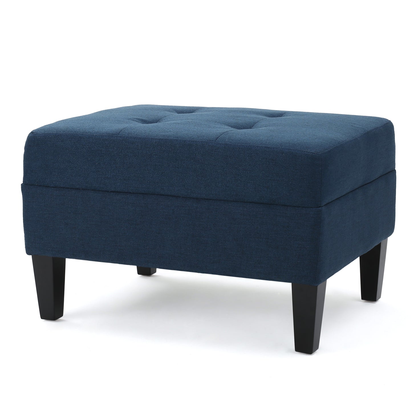 Navy blue tufted fabric ottoman with tapered black legs