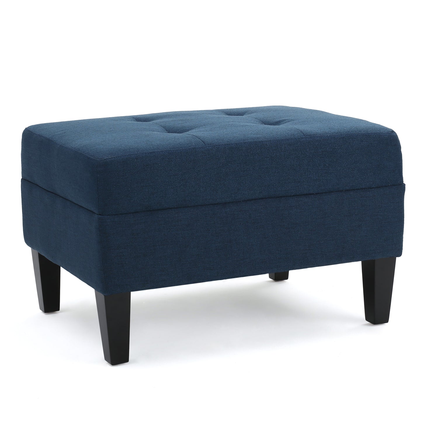 Deep blue tufted fabric ottoman with black tapered legs