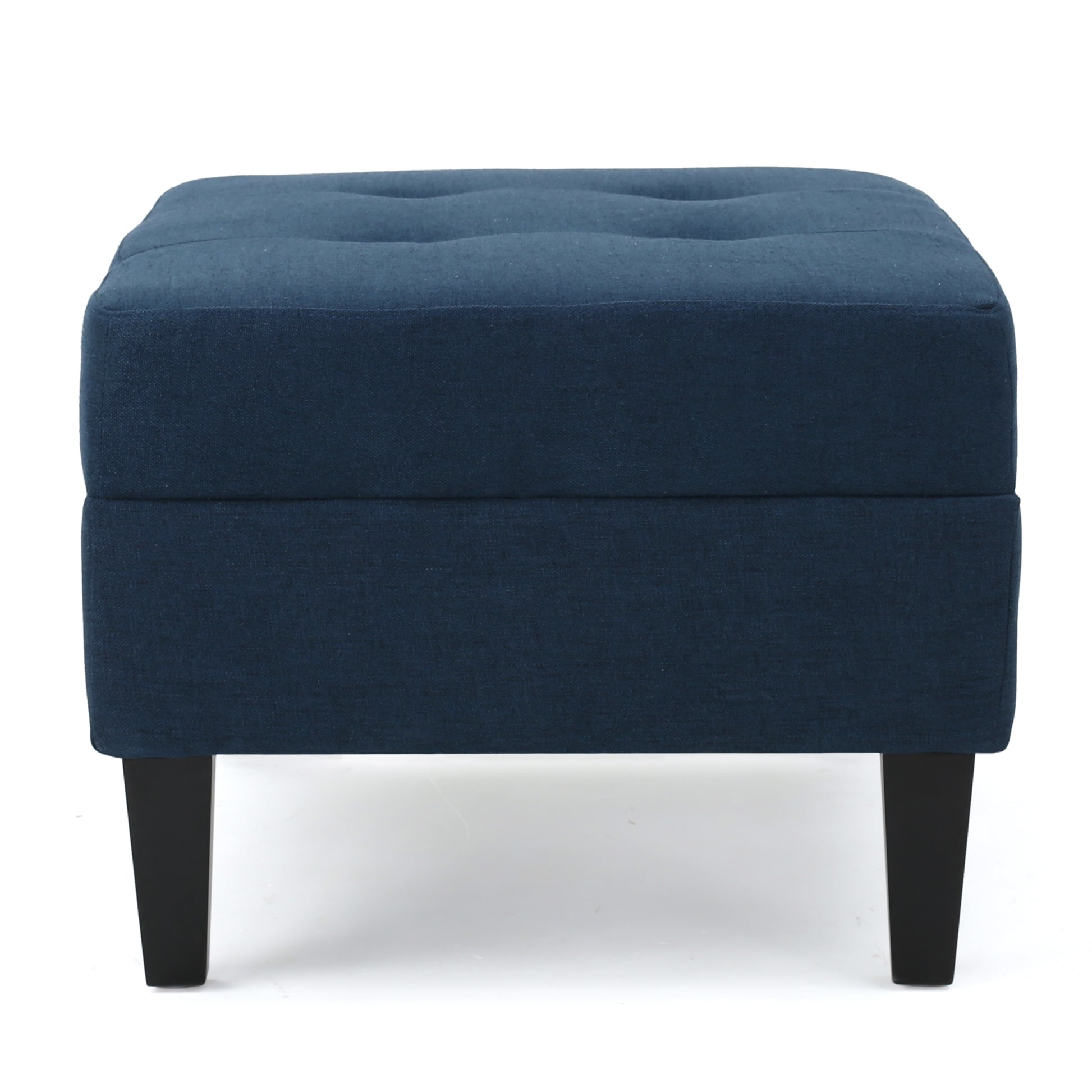 Tufted navy blue fabric ottoman with dark wood legs perfect for footrest