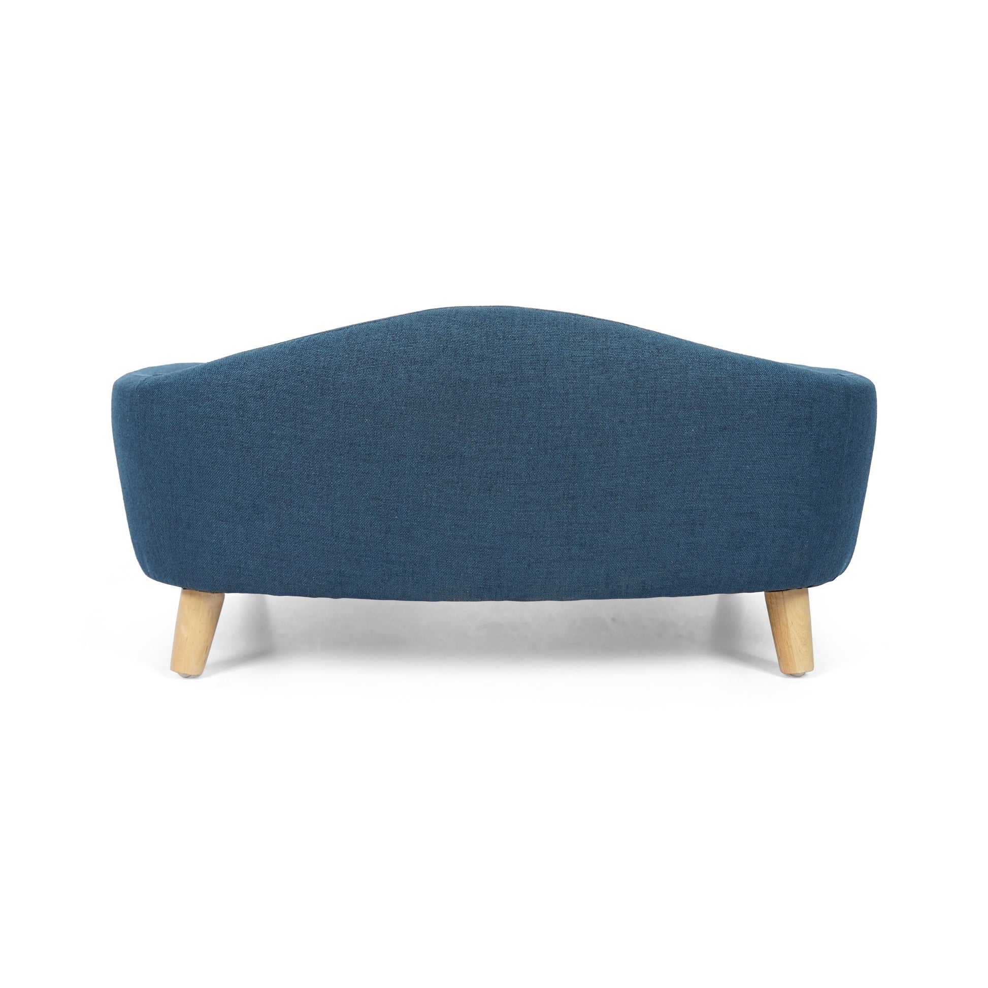 Blue fabric dog sofa with tapered wooden legs and a curved back