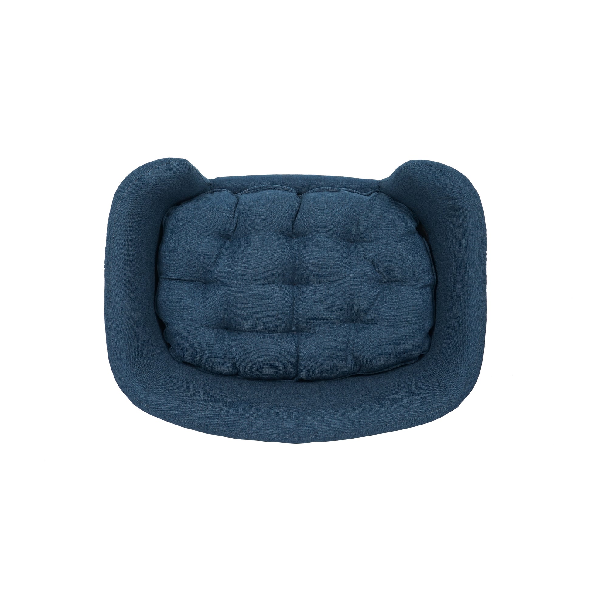 Tufted navy blue fabric pet bed with raised edges