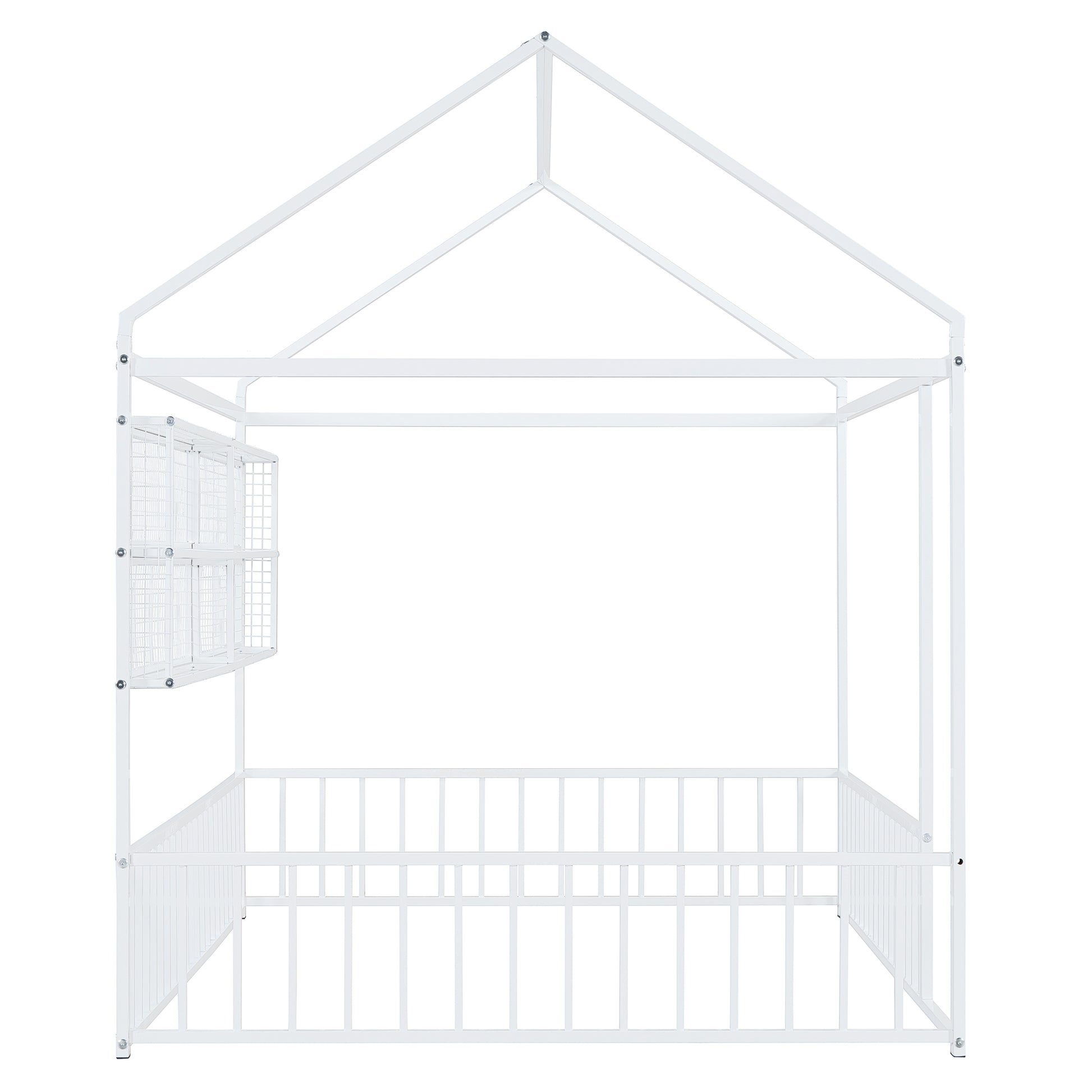 White metal house bed frame with railings and side storage baskets
