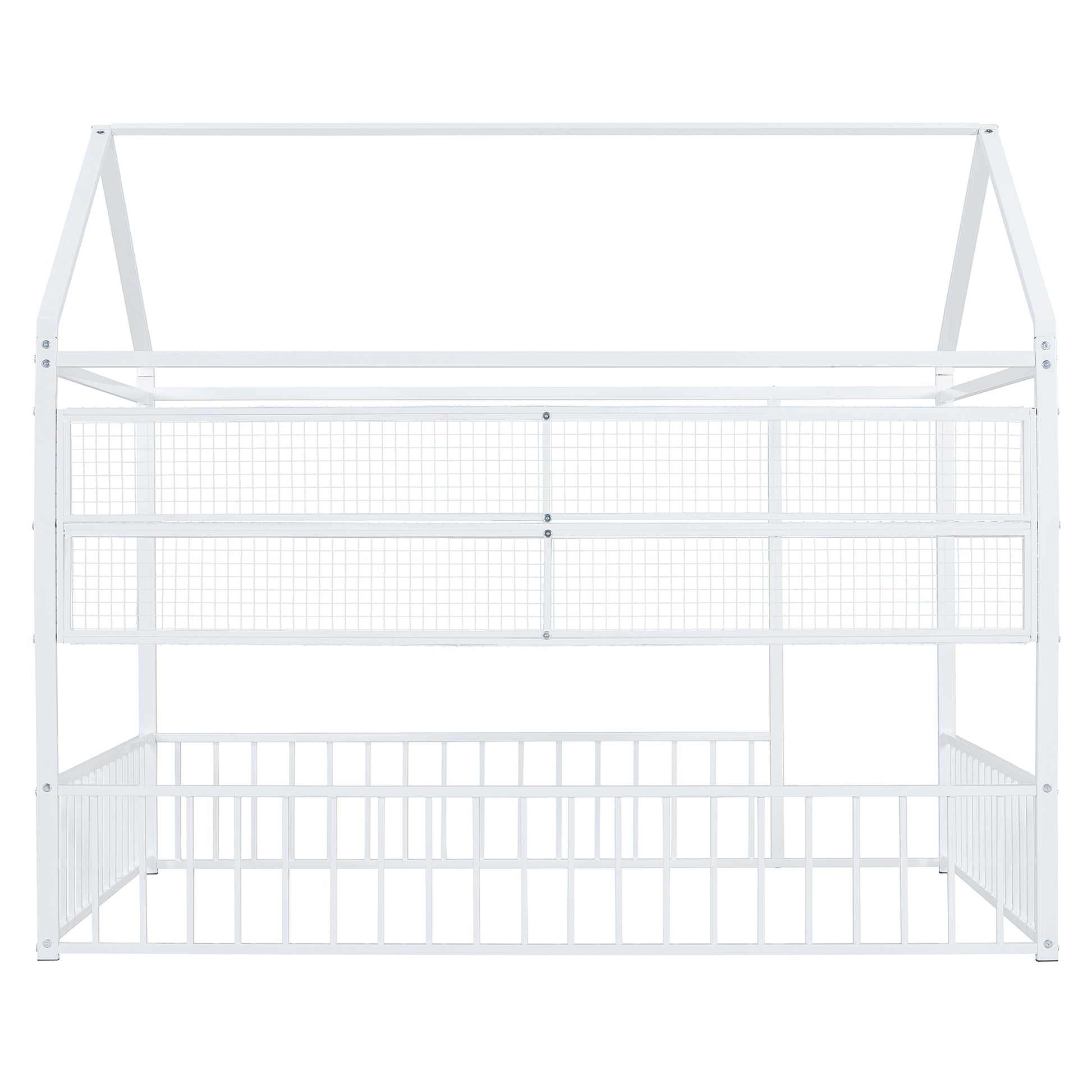 White metal house bed frame with playful design