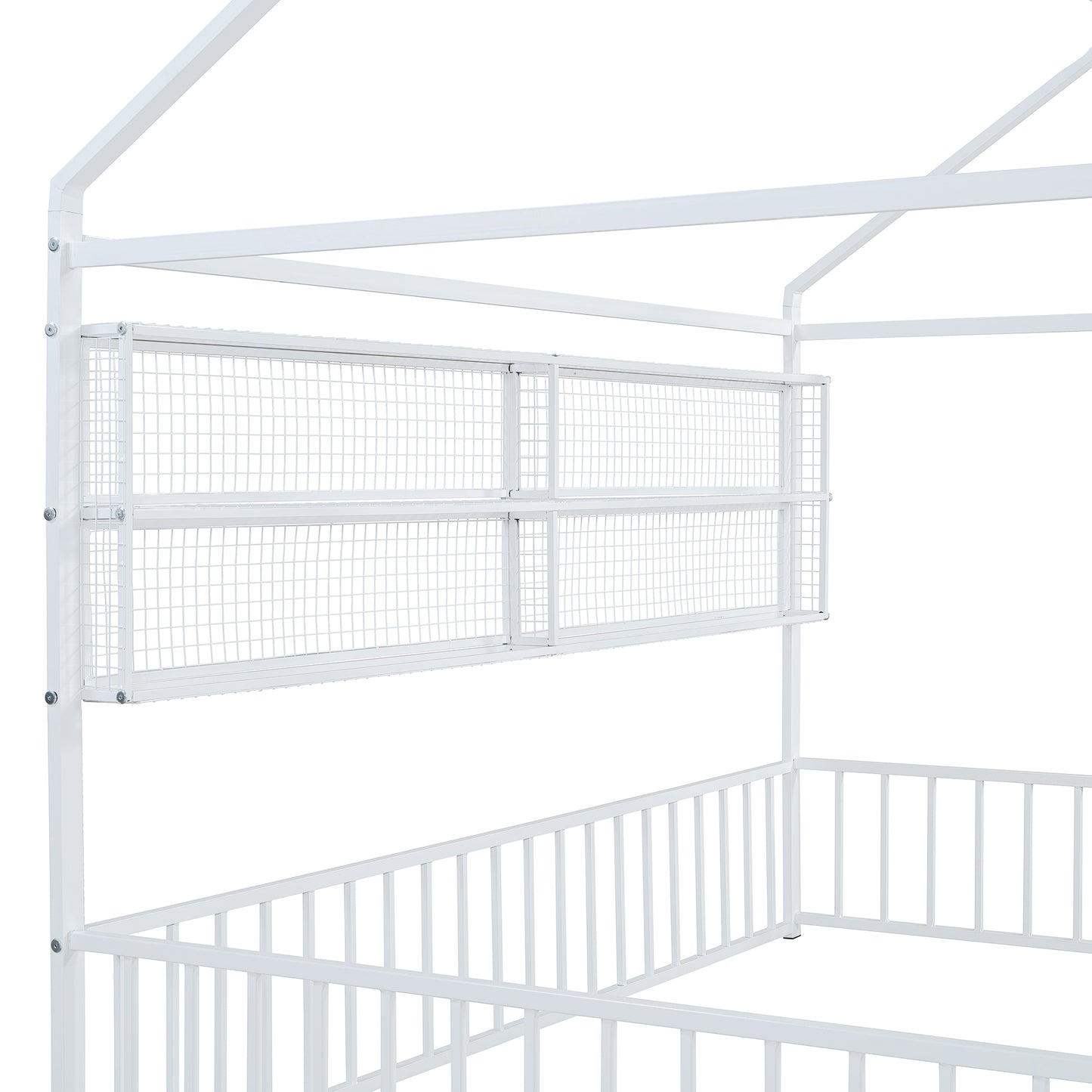 White metal canopy bed frame with attached wire mesh shelving