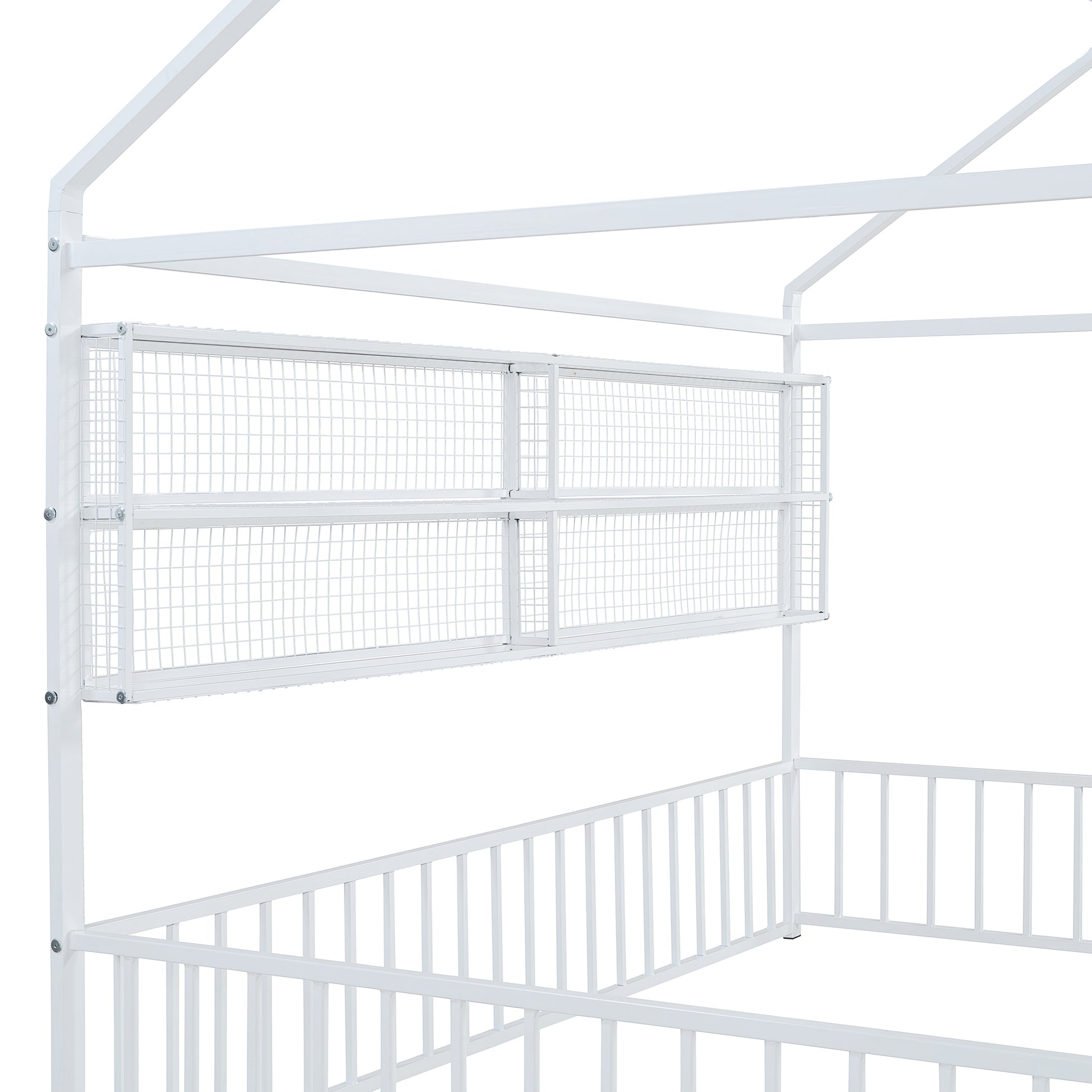 White metal canopy bed frame with attached wire mesh shelving