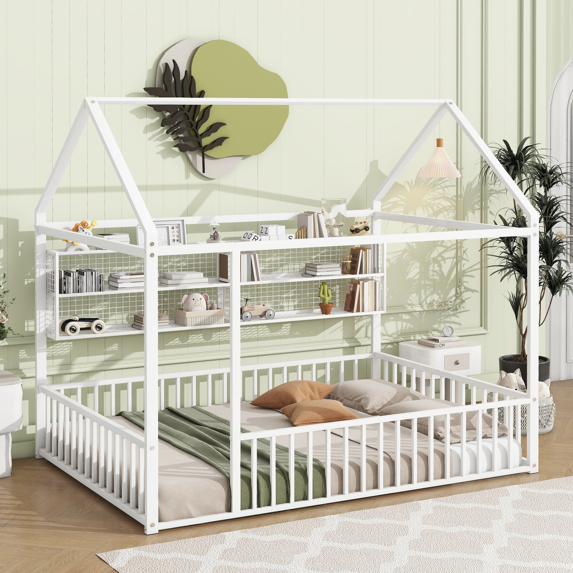 White metal house bed frame with builtin shelving for kids room
