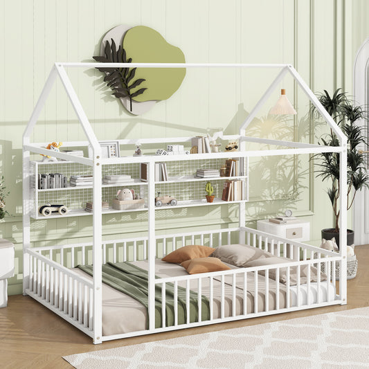 White metal house bed frame with builtin shelving for kids room
