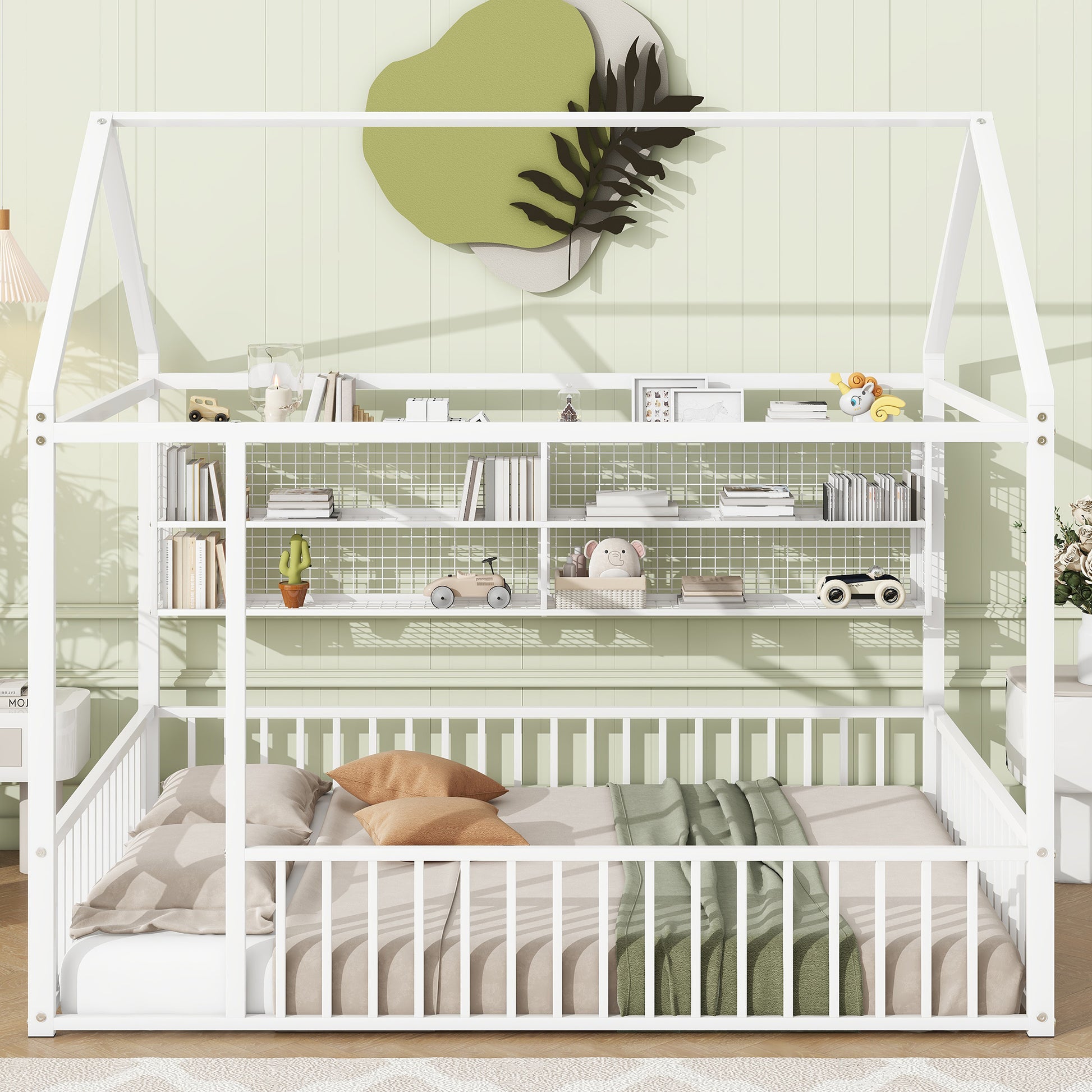 White metal house bed frame with integrated bookshelves