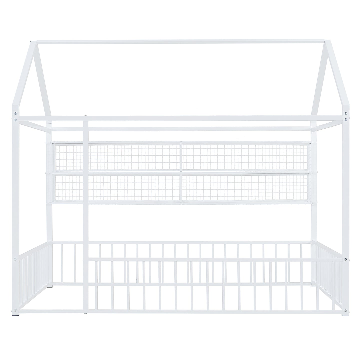 White metal house bed frame with rails and integrated shelves