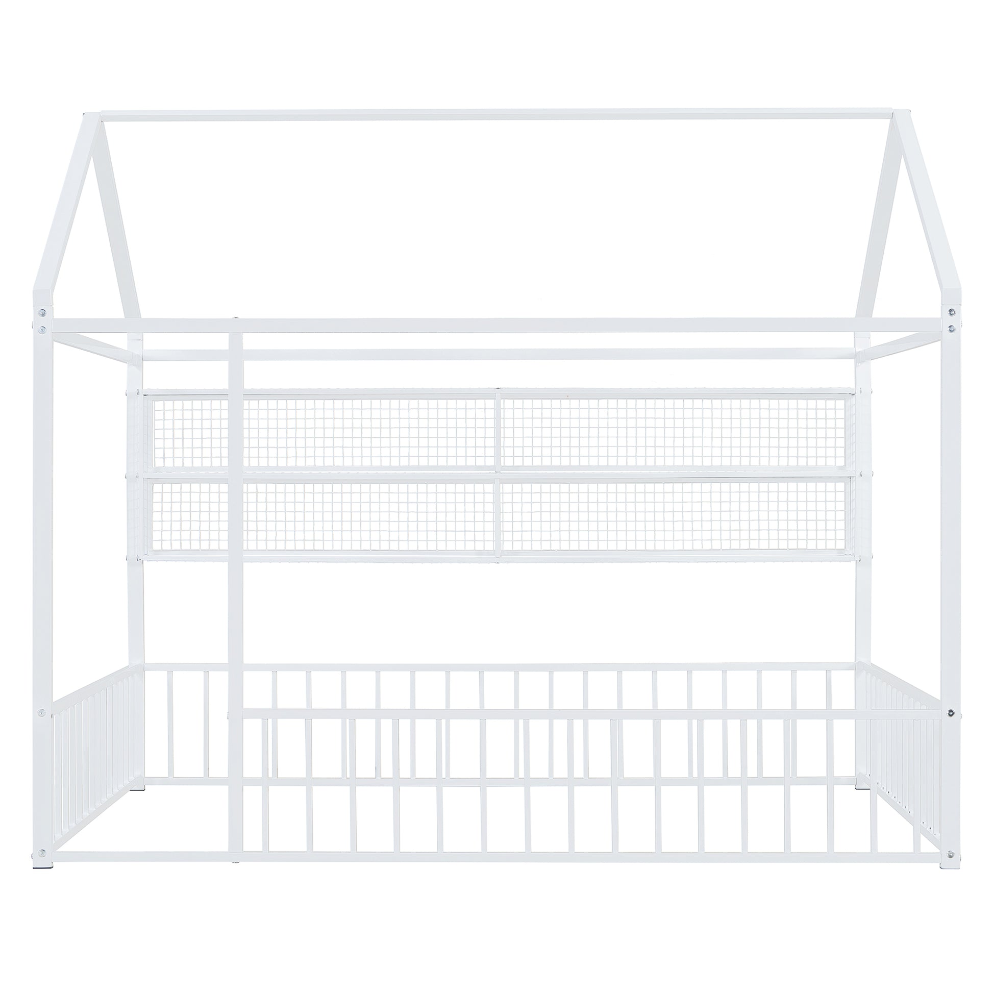 White metal house bed frame with rails and integrated shelves