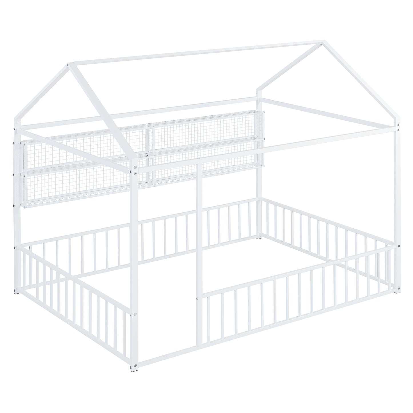 White metal house frame bed with enclosed safety rails perfect for toddlers and children
