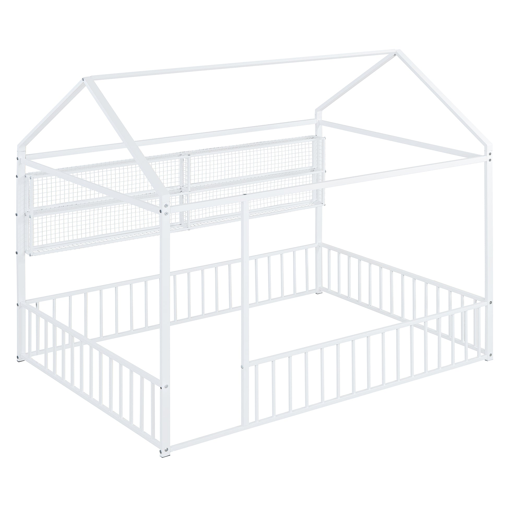 White metal house frame bed with enclosed safety rails perfect for toddlers and children