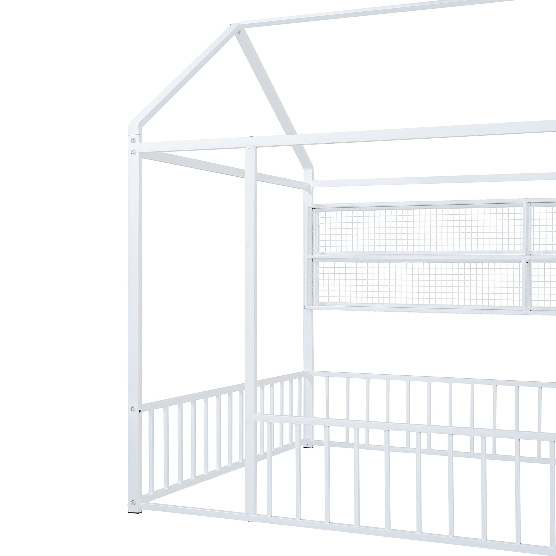 White metal house bed frame with slatted sides and a roof structure