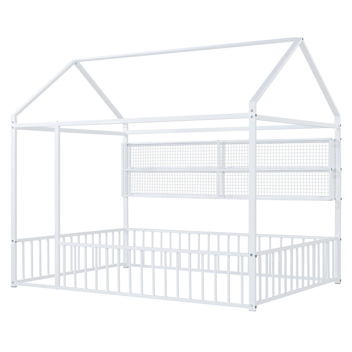 White metal house bed frame with railings and builtin shelves