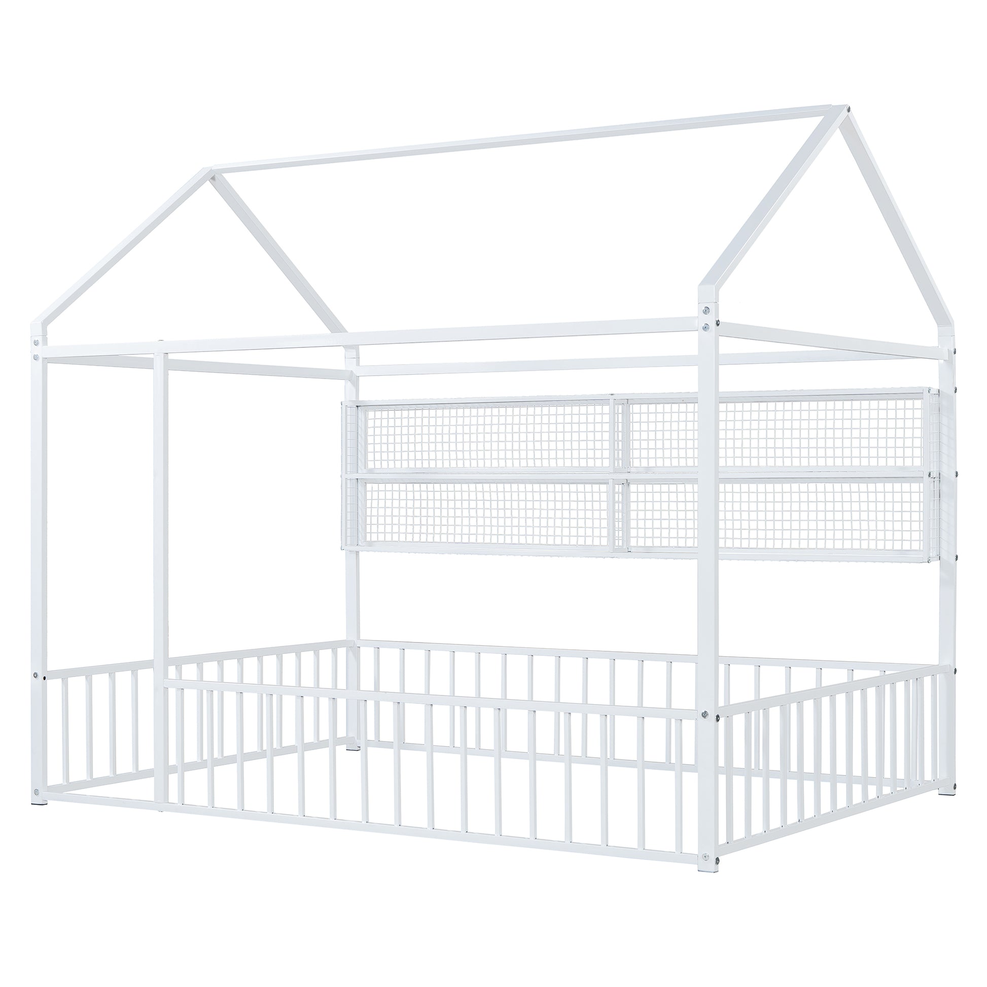 White metal house bed frame with railings and builtin shelves