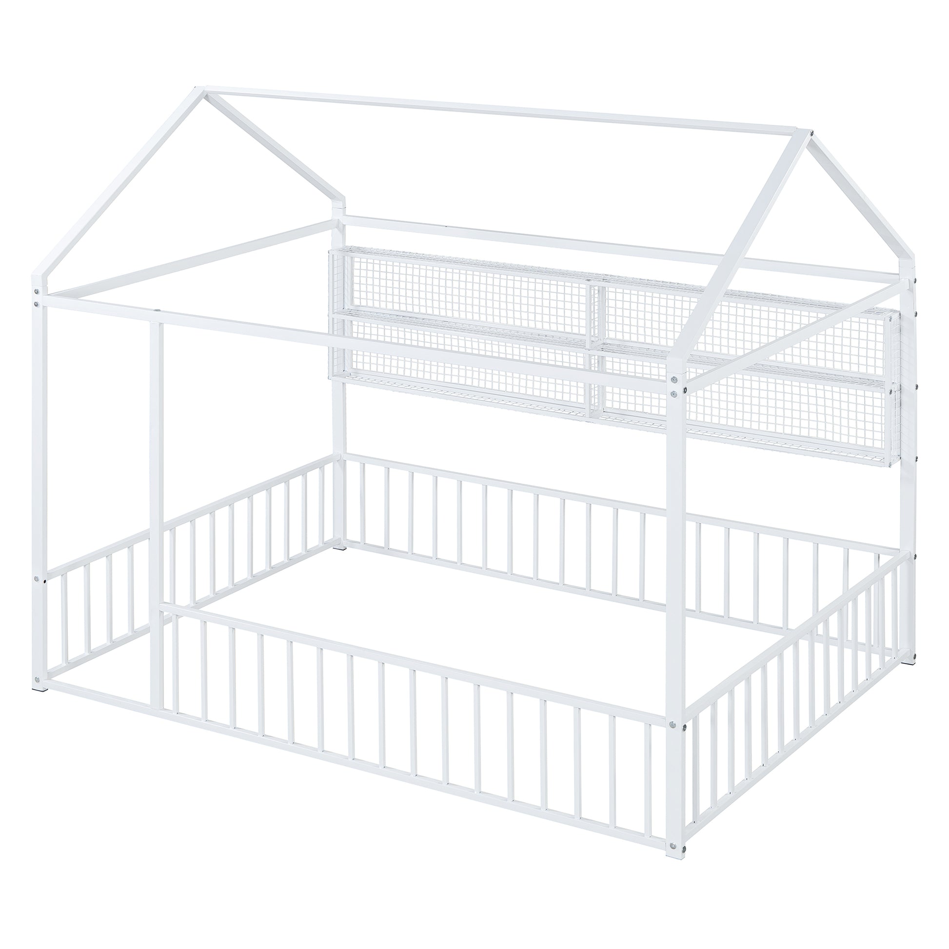 White metal house bed frame with safety rails and roof structure