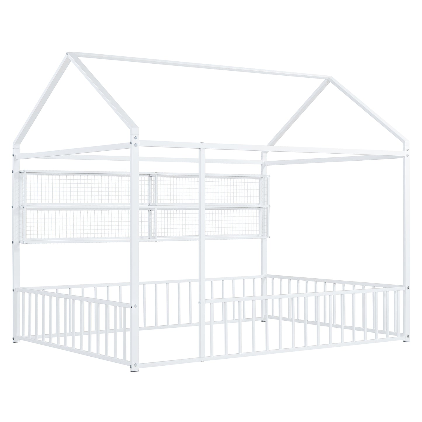 White metal twin house bed frame with safety rails and builtin shelves
