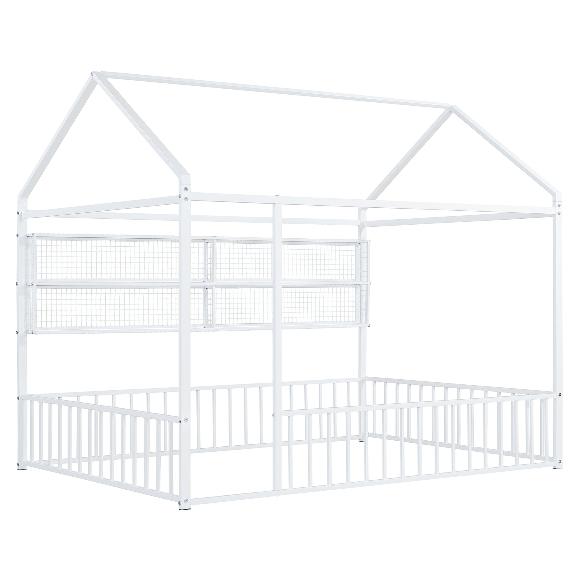 White metal twin house bed frame with safety rails and builtin shelves