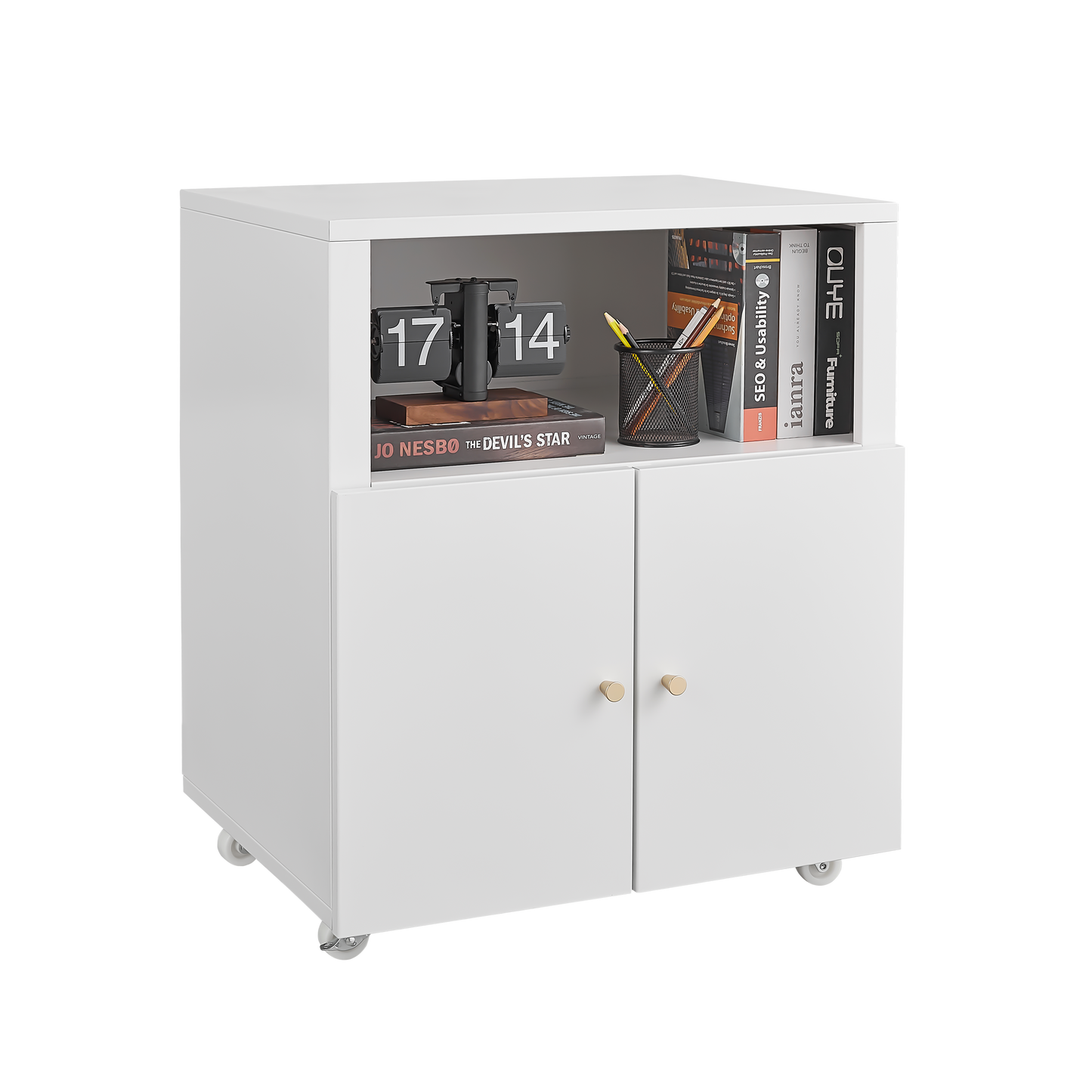 White rolling storage cabinet with flip clock and books on top