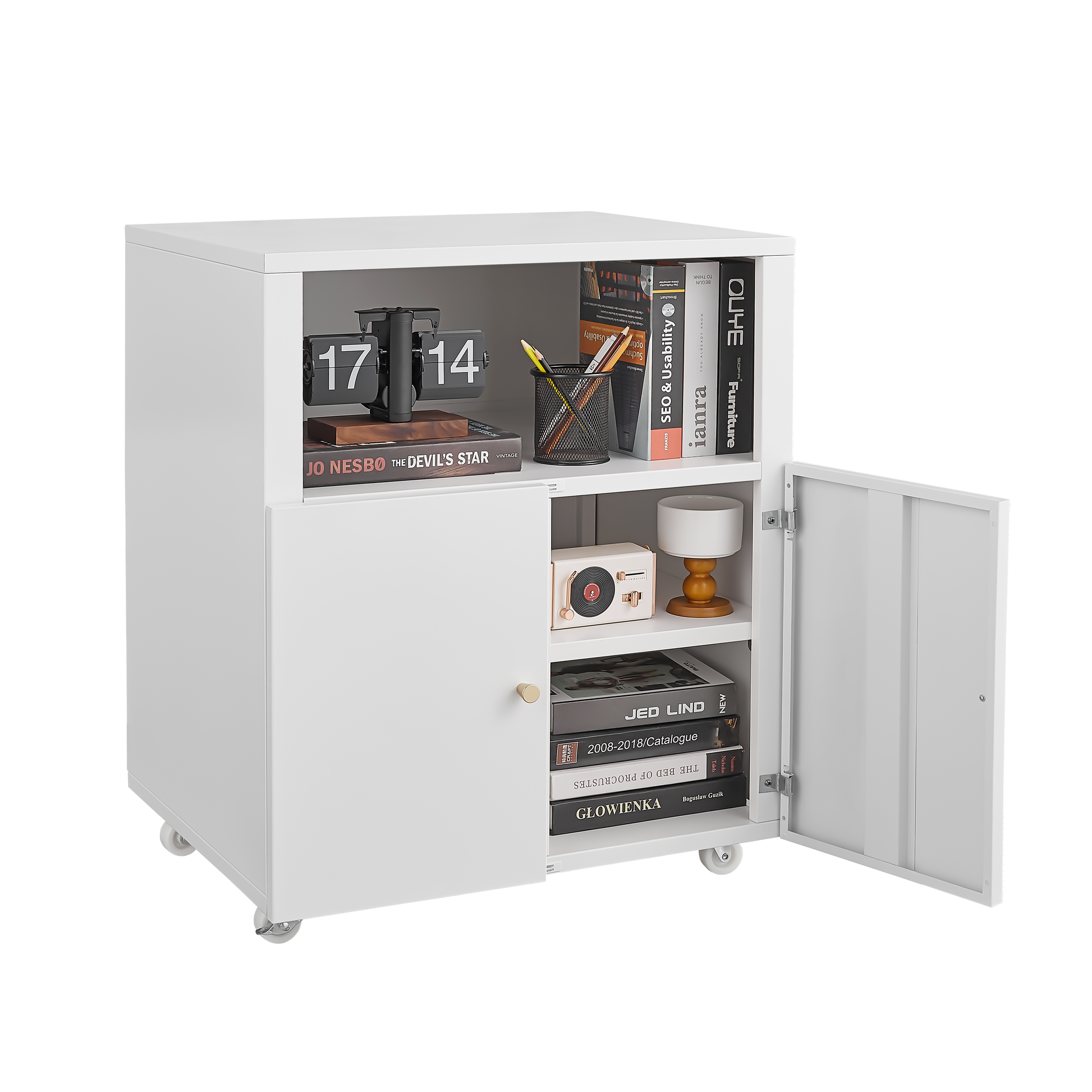 White metal storage cabinet with flip clock and books